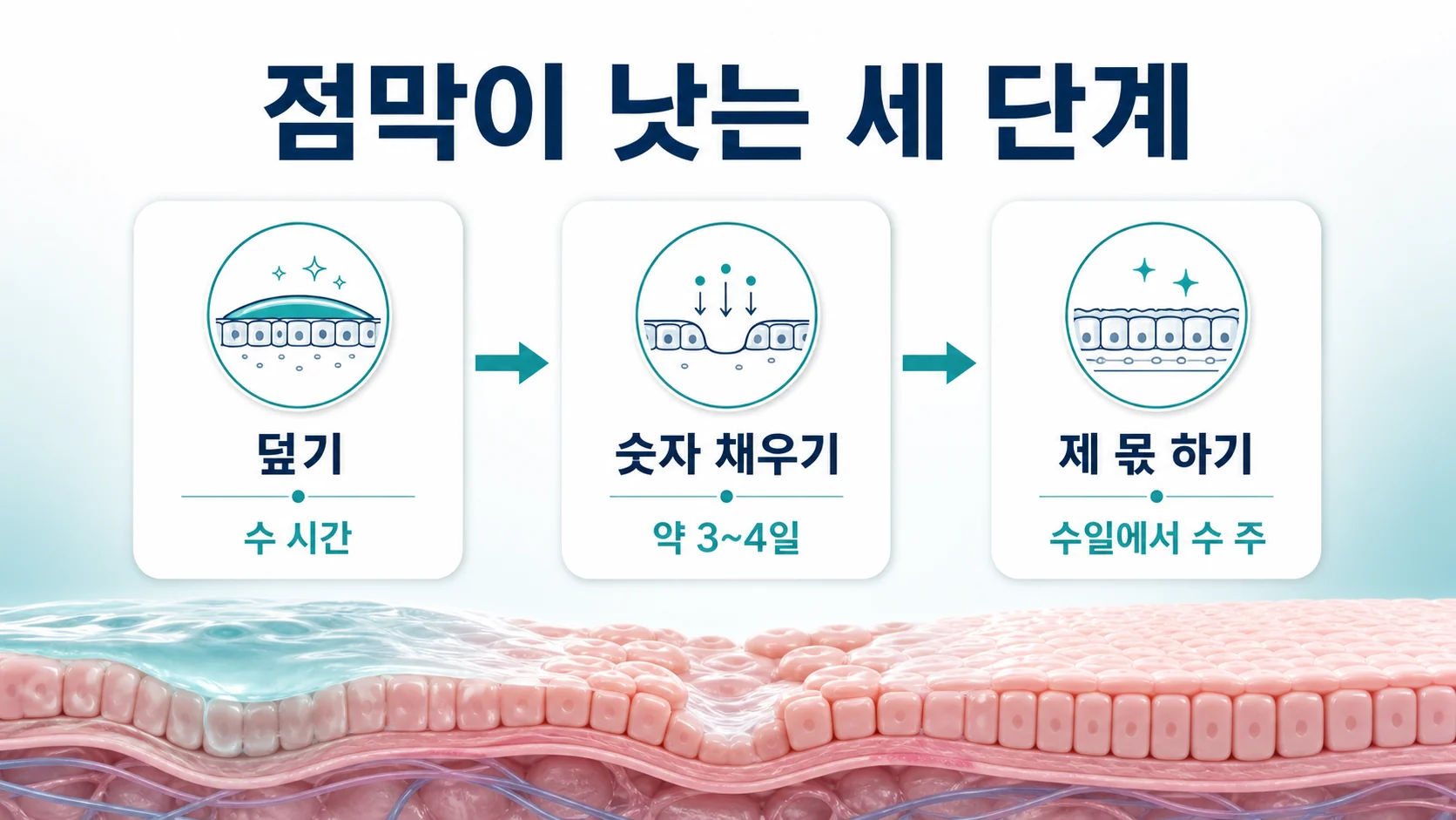 장 점막 회복이 덮기 증식 성숙의 세 단계로 진행되는 것을 보여 주는 그림