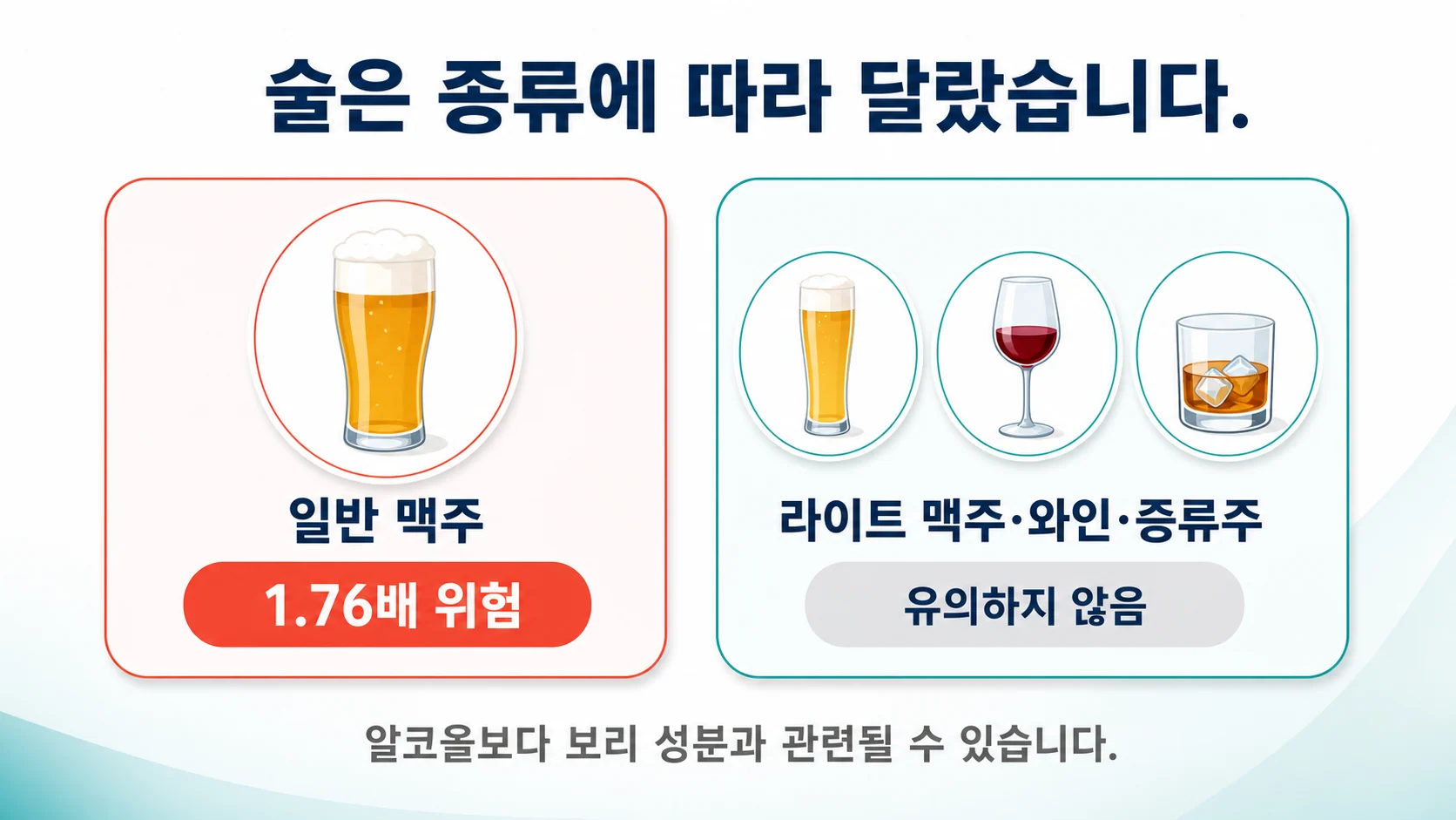 술 중에서 일반 맥주만 위험이 확인되고 다른 주종은 유의하지 않았음을 보여주는 이미지