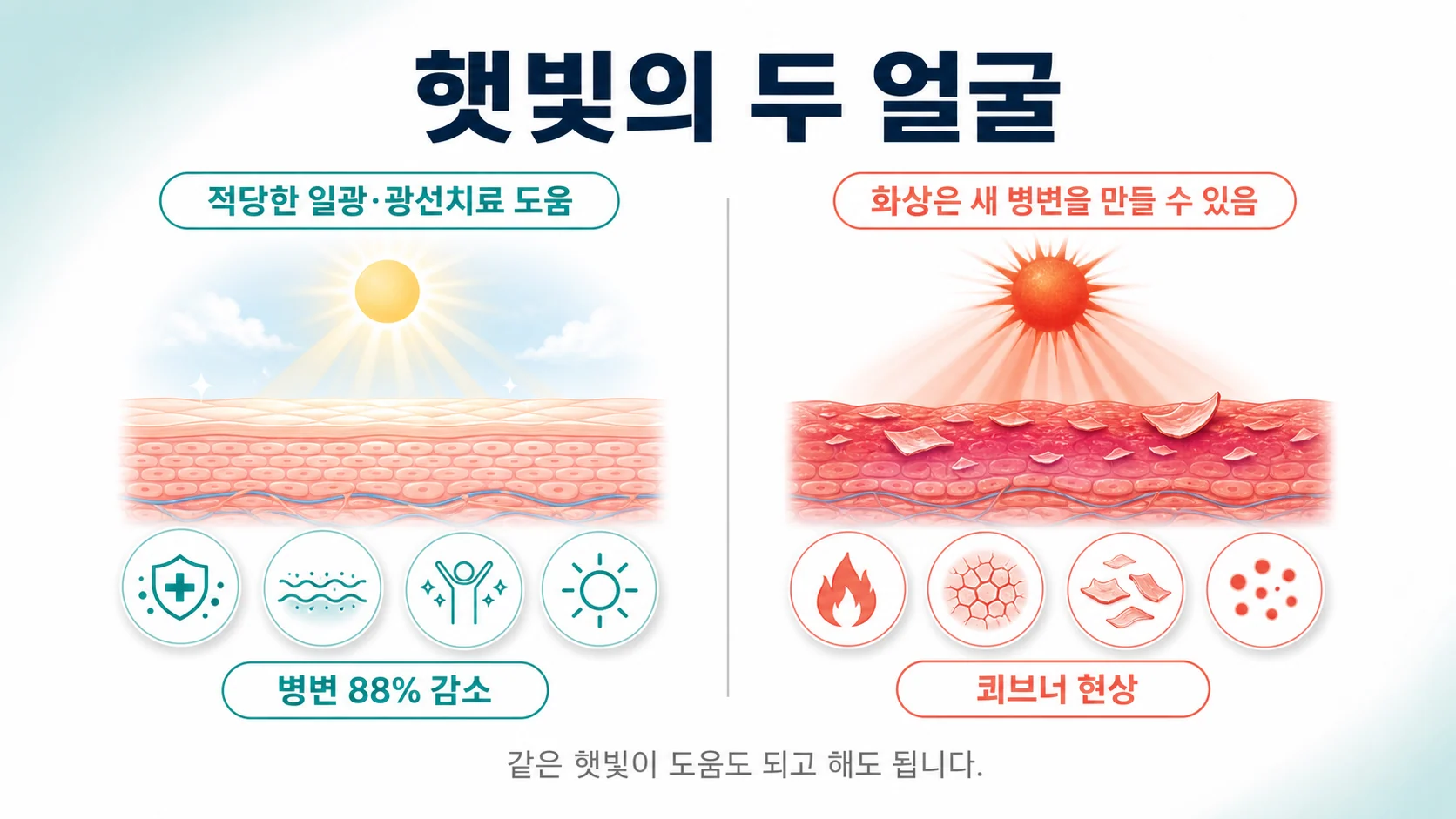 자외선 치료와 적절한 일광은 도움이 되지만 화상은 오히려 병변을 만들 수 있음을 설명하는 이미지