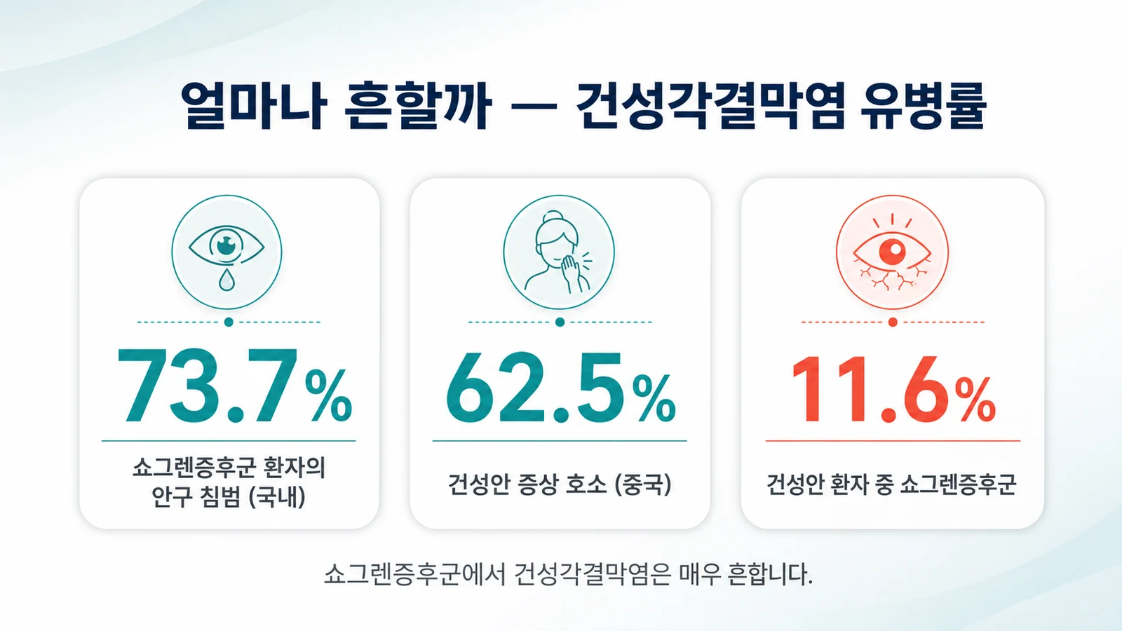 쇼그렌증후군 환자의 안구 침범 73.7퍼센트 건성안 62.5퍼센트 등 건성각결막염 유병률을 정리한 이미지