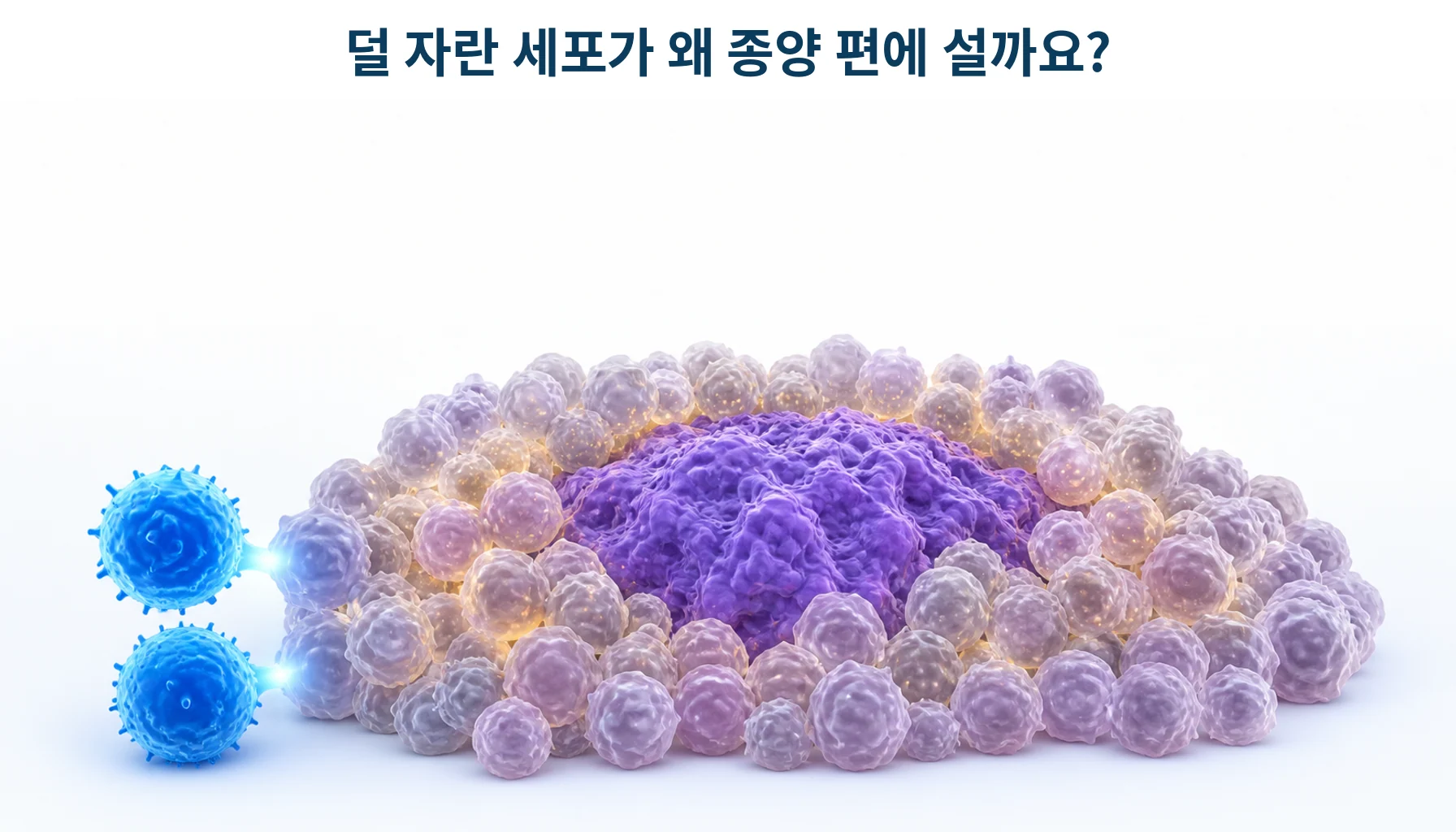 덜 자란 세포들이 종양 주변에 모여 면역세포의 접근을 막는 모습을 형상화한 개념 그림