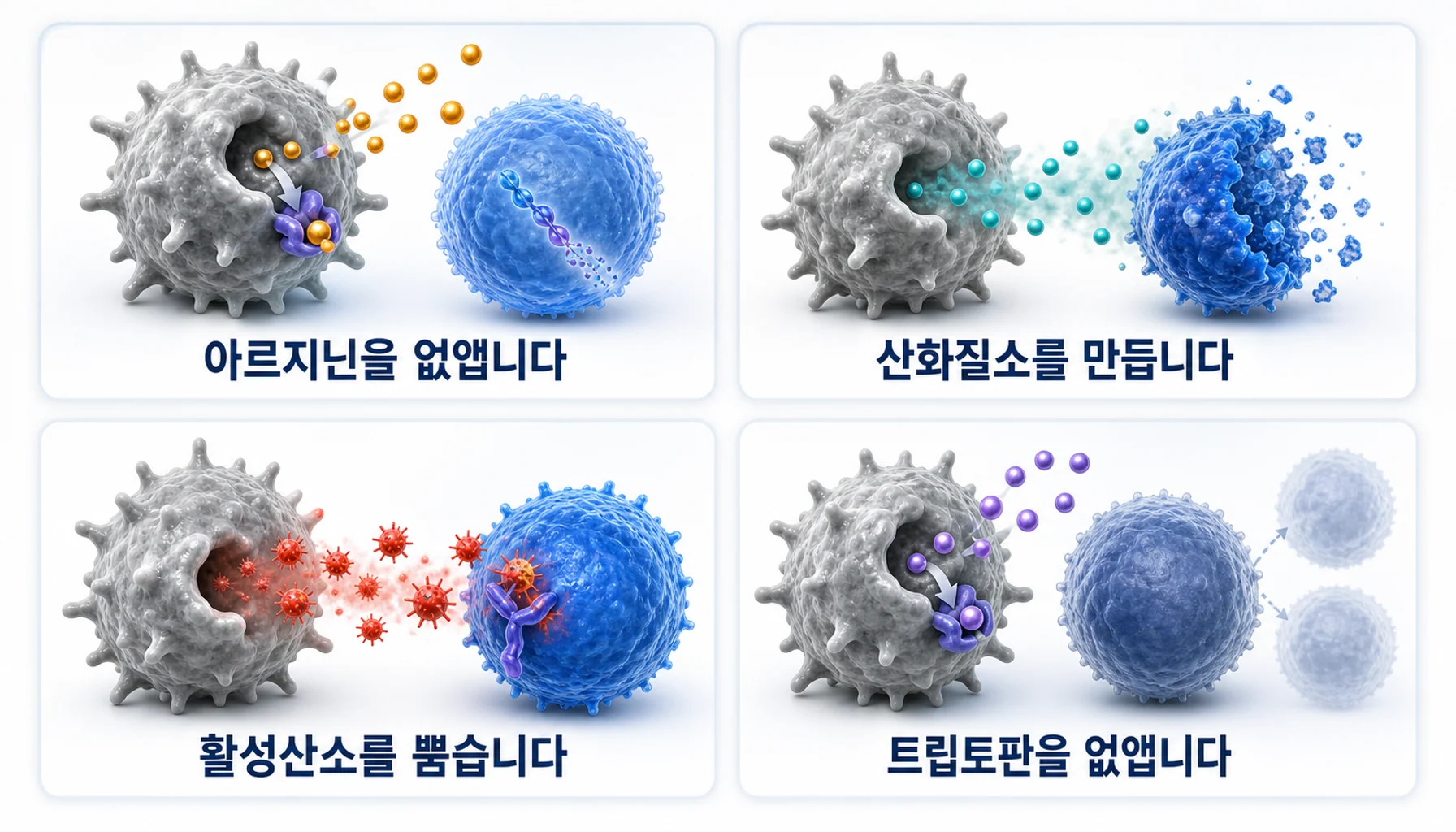골수유래억제세포가 T세포를 막는 네 갈래 방법을 그린 그림