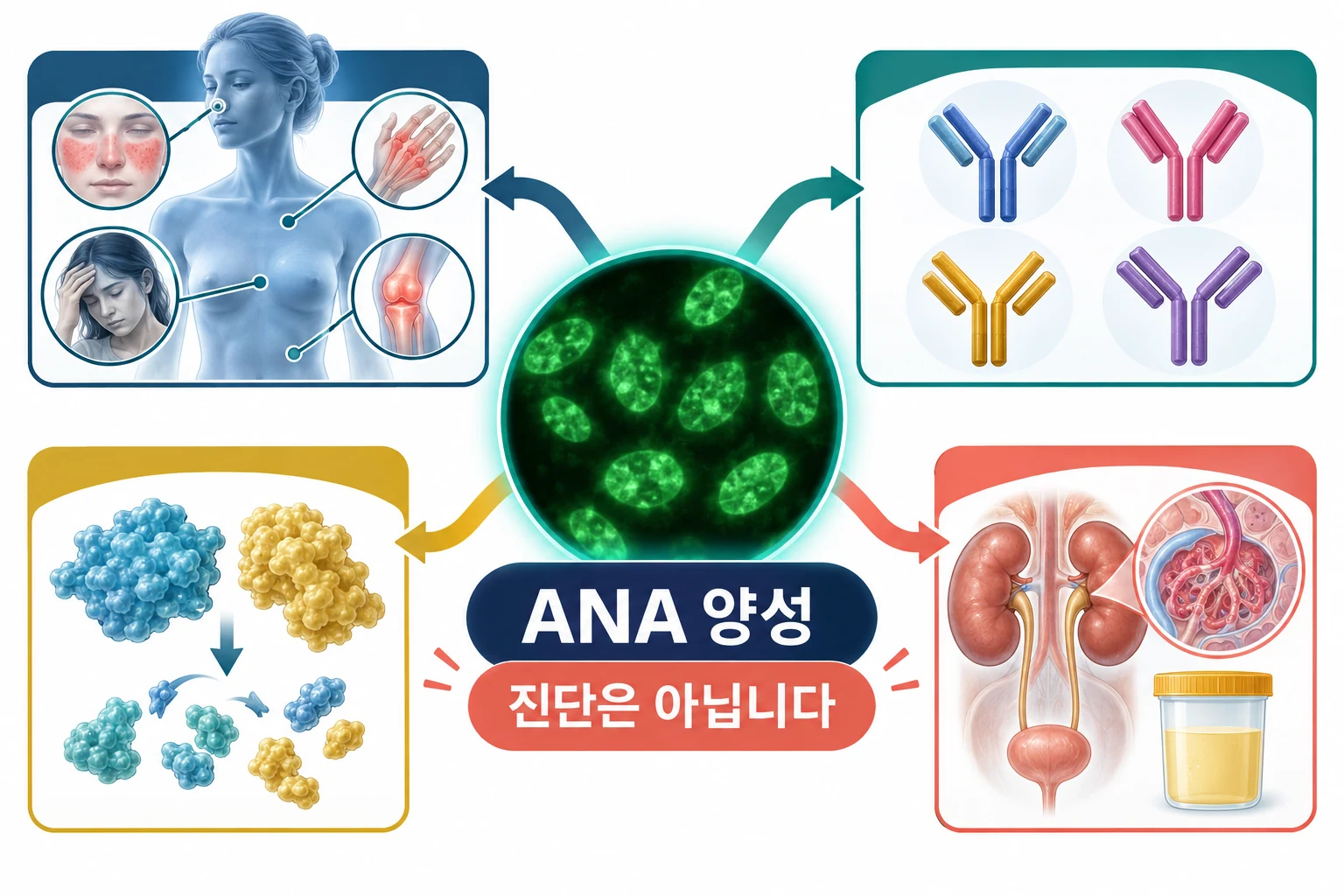 ANA 양성은 진단이 아니며 증상과 특이항체, 보체와 신장 평가로 이어져야 한다는 설명도