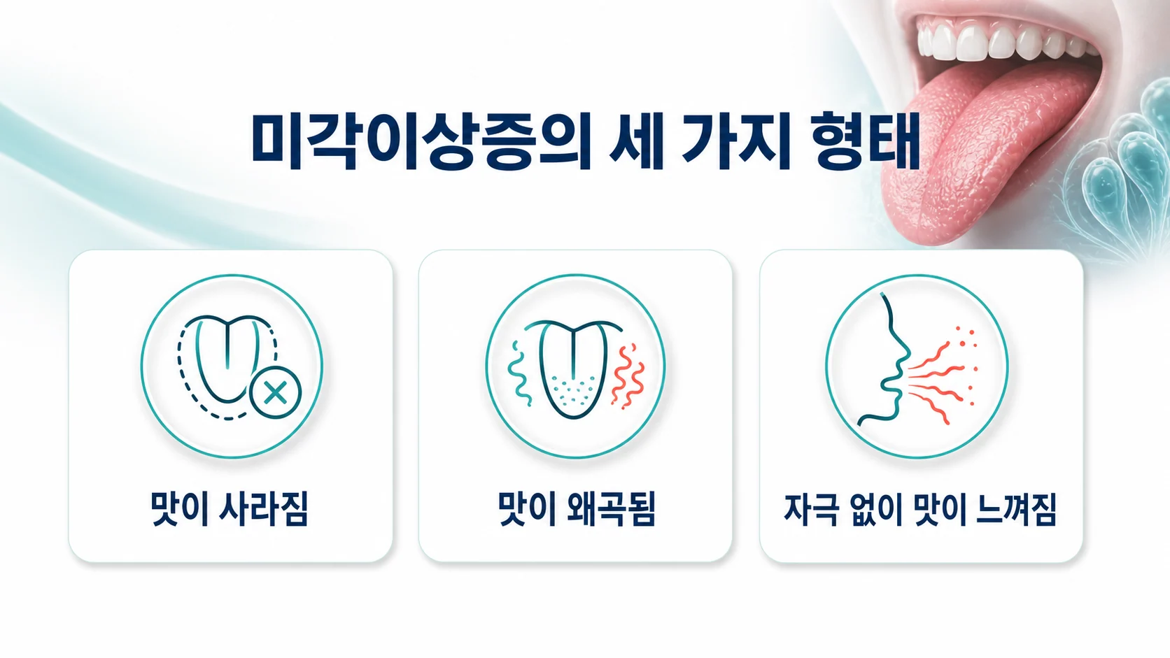 미각이상증의 세 가지 형태를 맛이 사라짐 맛이 왜곡됨 자극 없이 맛이 느껴짐으로 나누어 보여 주는 도표