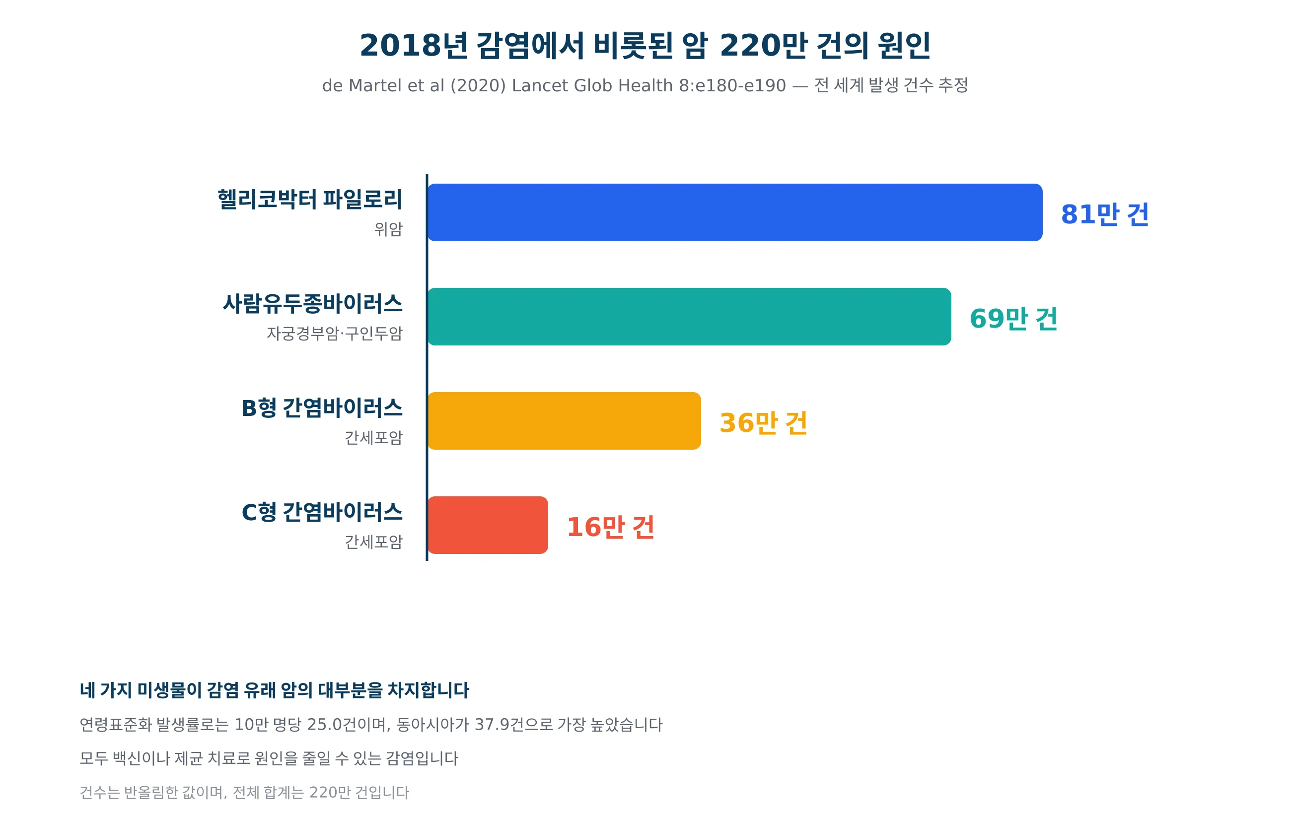 원인 미생물별 전 세계 감염 유래 암 발생 건수를 그린 그래프