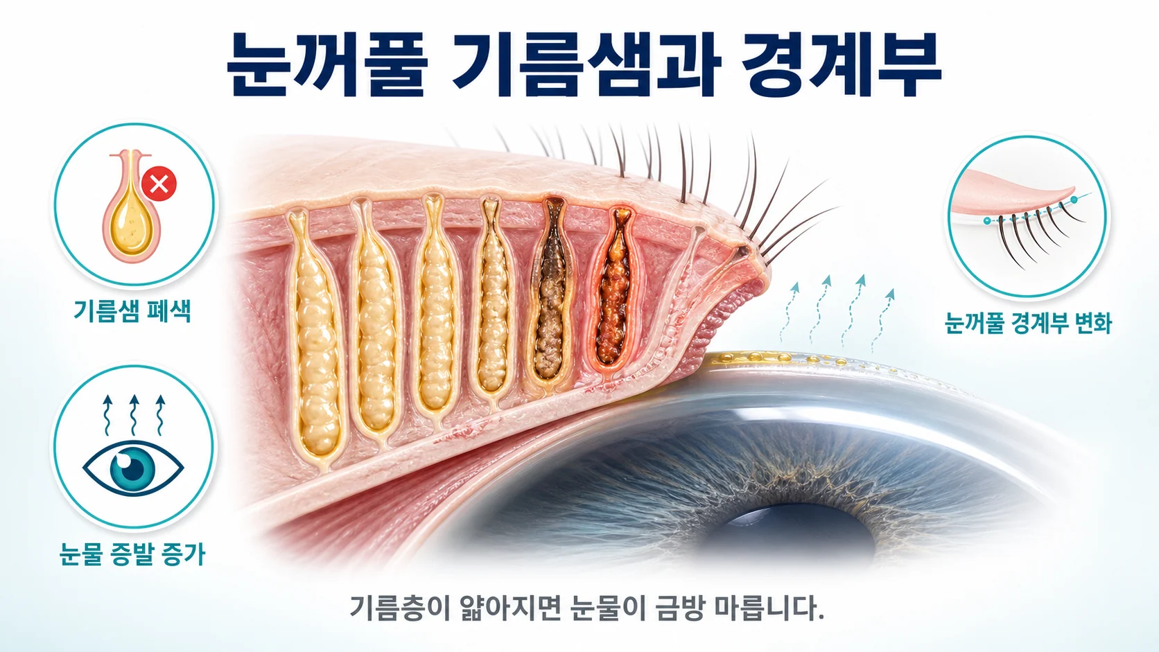 쇼그렌증후군에서 마이봄샘 기능 저하와 눈꺼풀 경계부 변화가 충혈에 관여함을 설명하는 이미지
