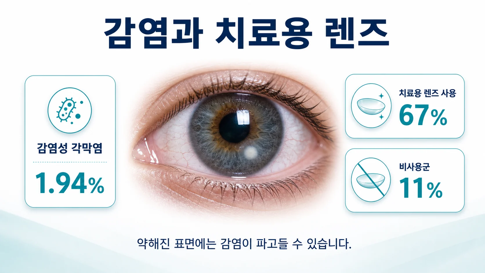 쇼그렌증후군에서 감염성 각막염과 치료용 콘택트렌즈가 충혈 위험을 높인다는 것을 설명하는 이미지