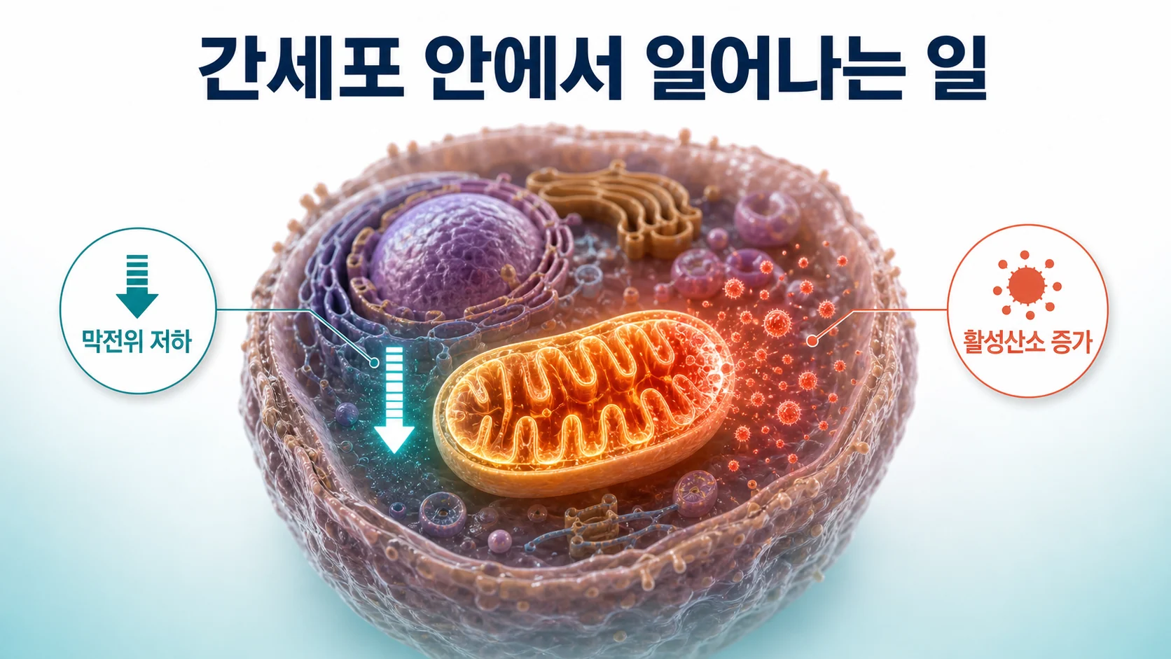 스타틴이 간세포 미토콘드리아 막전위를 떨어뜨리고 활성산소를 늘려 손상을 일으키는 과정을 표현한 그림