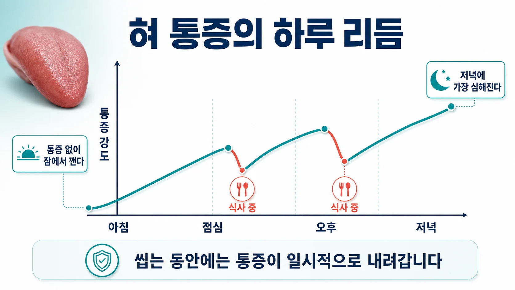 혀 통증의 하루 리듬과 식사 중 통증이 내려가는 양상을 보여주는 그래프