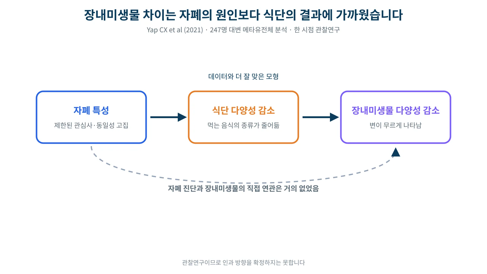 자폐 특성에서 식단 다양성 감소, 장내미생물 다양성 감소가 차례로 나타나는 경로와 약한 직접 연관을 점선으로 표시한 모식도