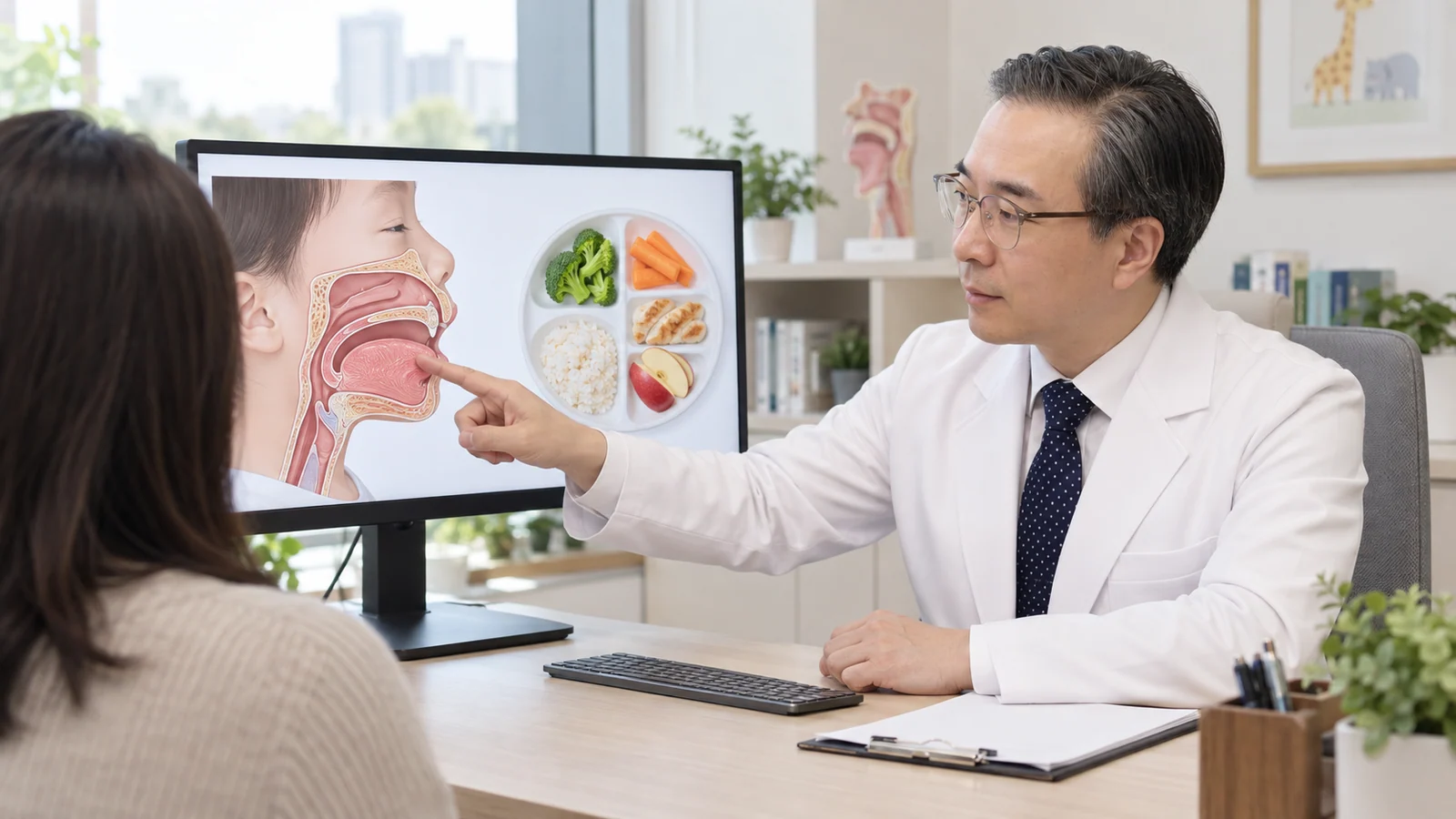 박석민 원장이 32인치 교육용 모니터의 구강 감각과 식사 구조 그림을 보며 보호자에게 설명하는 장면