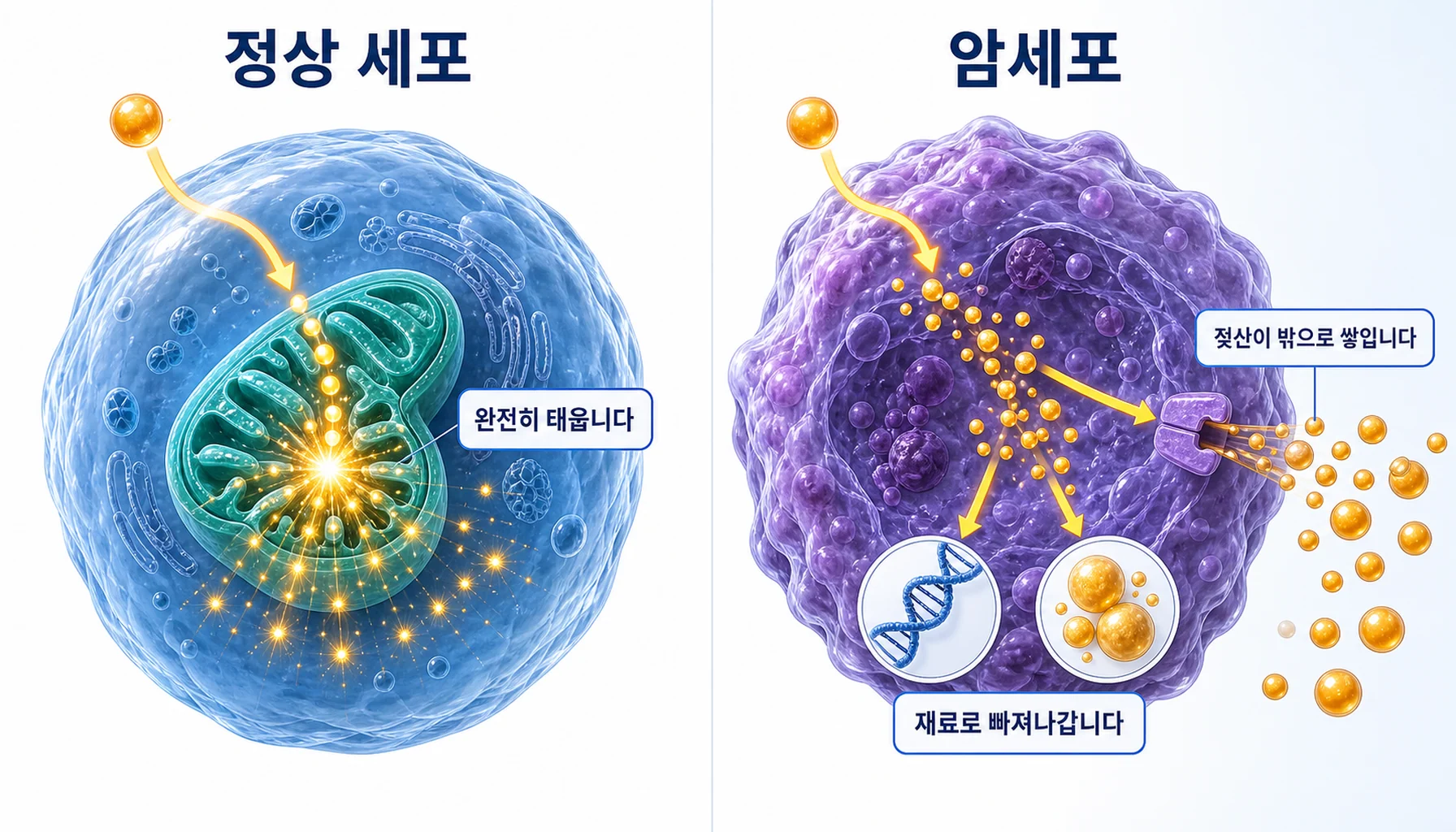 종양세포가 포도당을 젖산까지만 분해하고 그 부산물이 밖으로 쌓이는 과정을 그린 그림