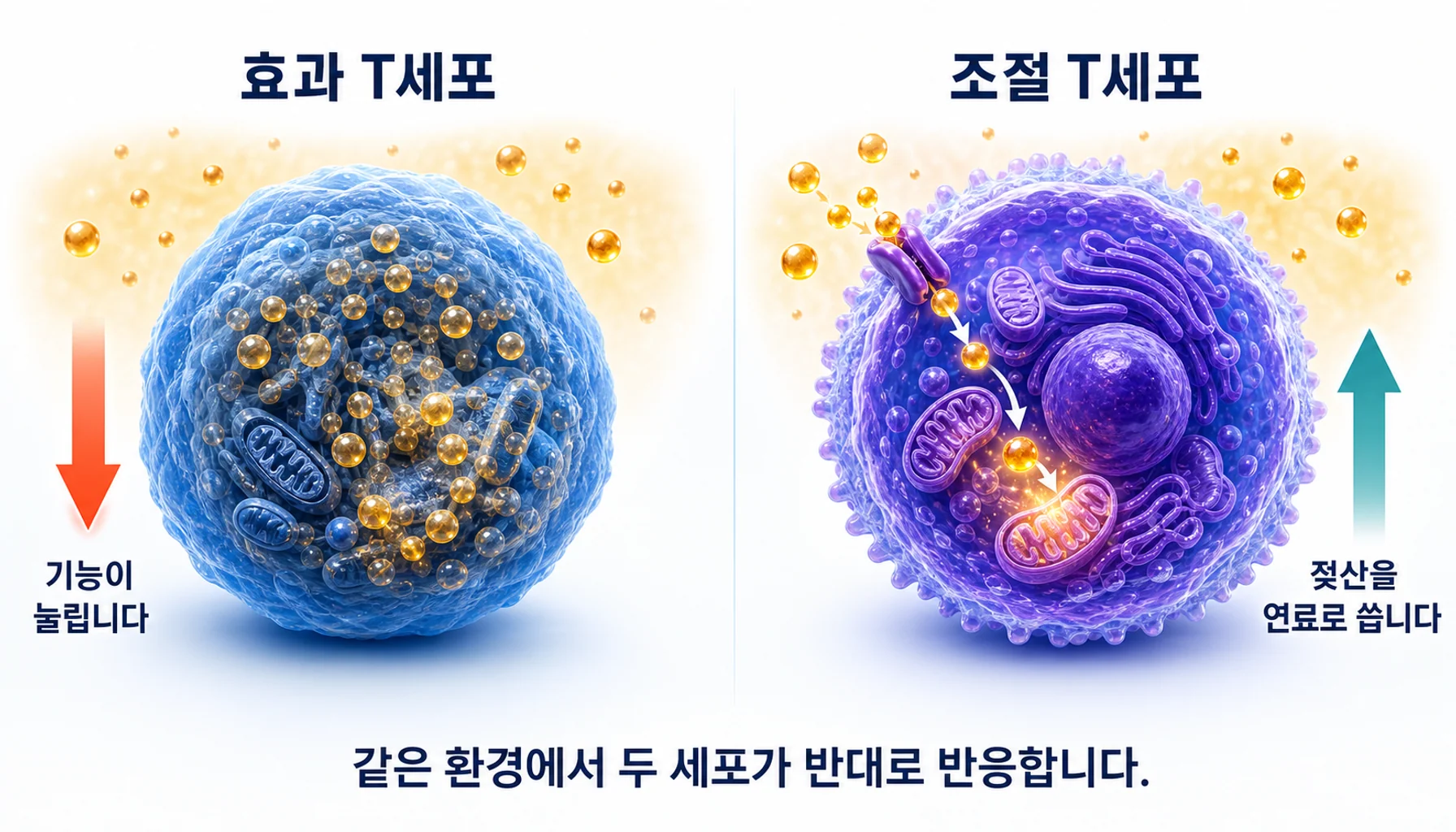 젖산 환경에서 효과 T세포와 조절 T세포가 반대로 반응하는 관계를 그린 그림