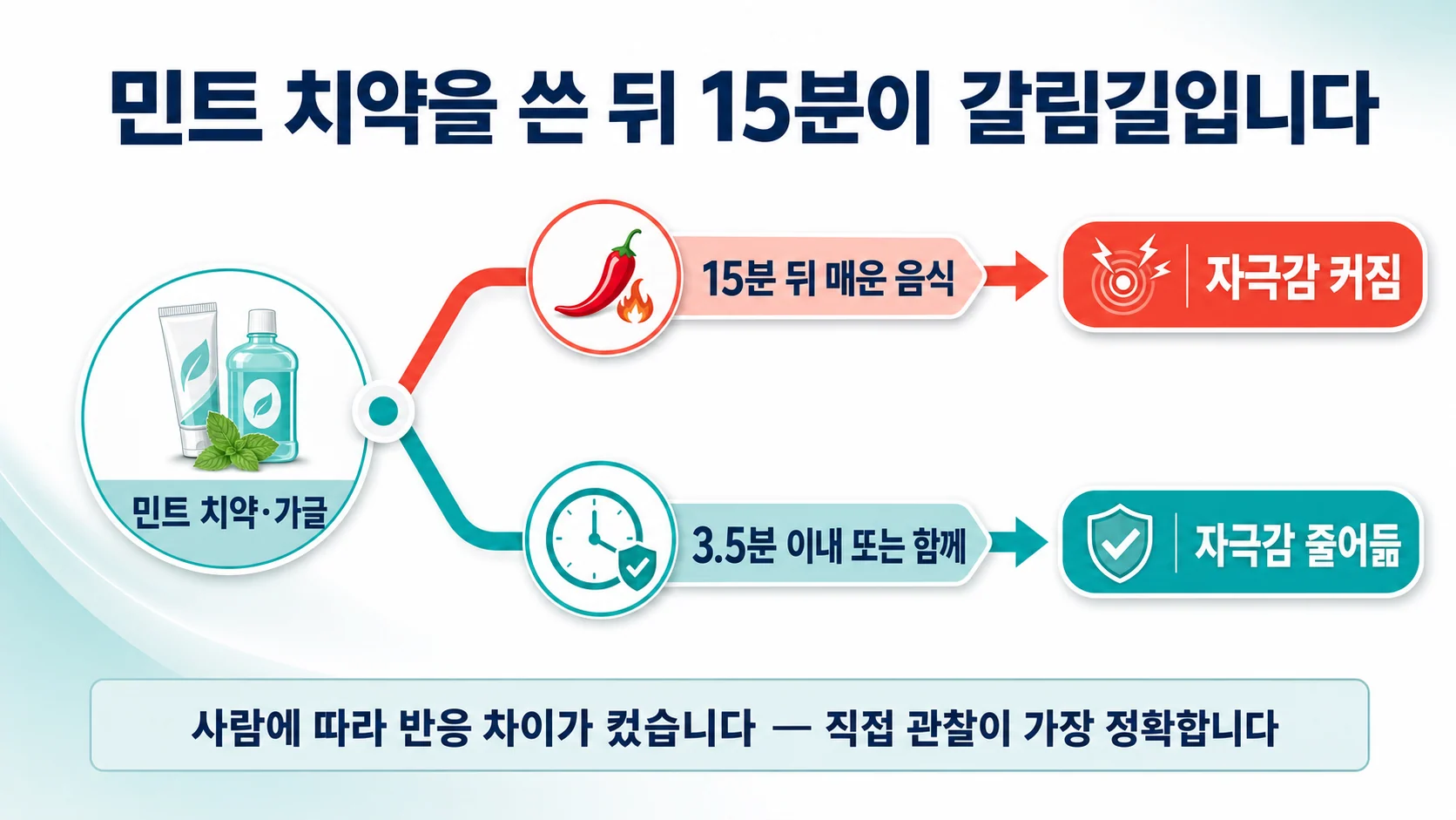 민트와 매운맛의 상호작용이 시간 간격에 따라 달라지는 도해