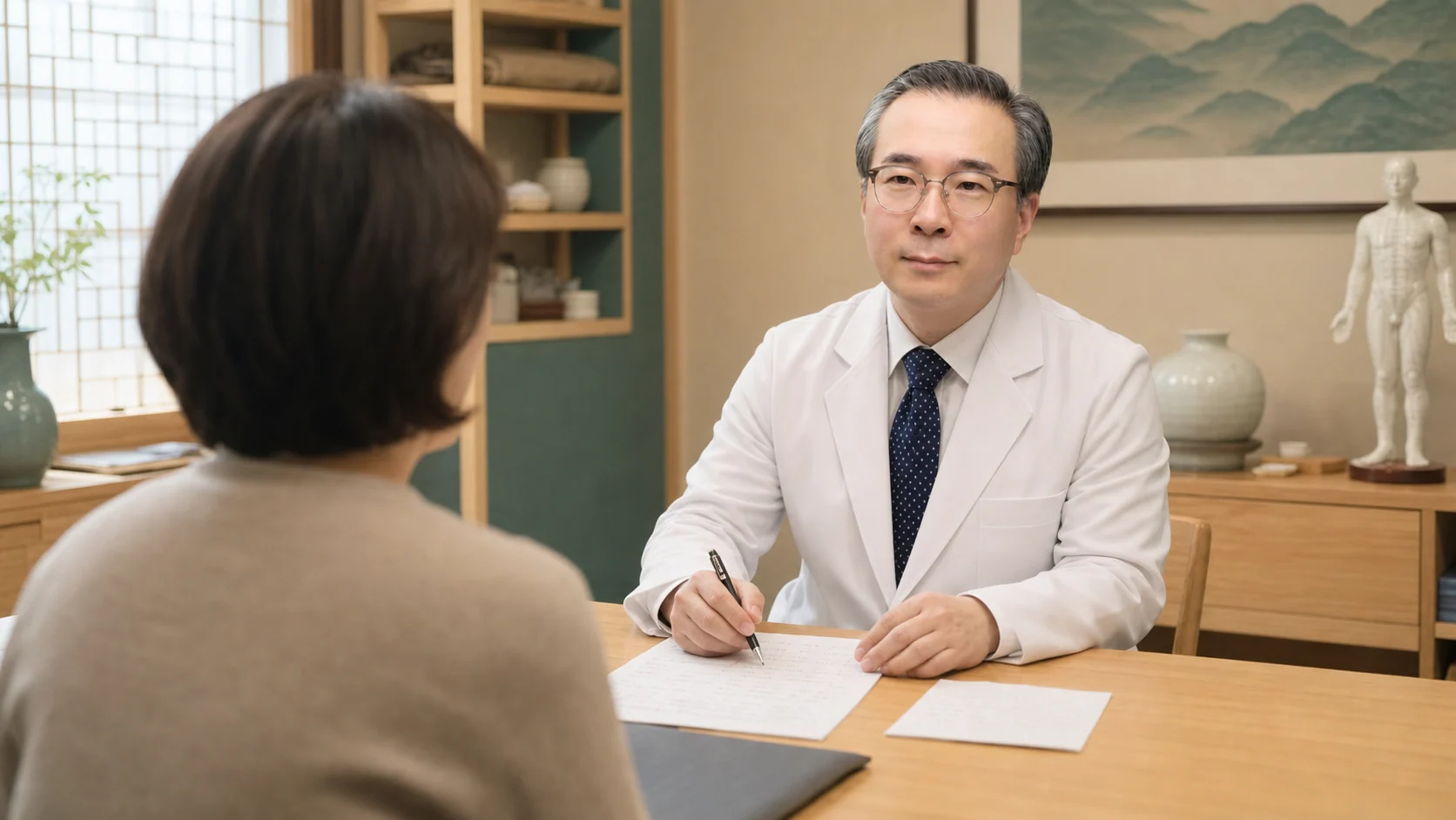 환자와 통증 일지를 함께 살펴보며 상담하는 진료 장면