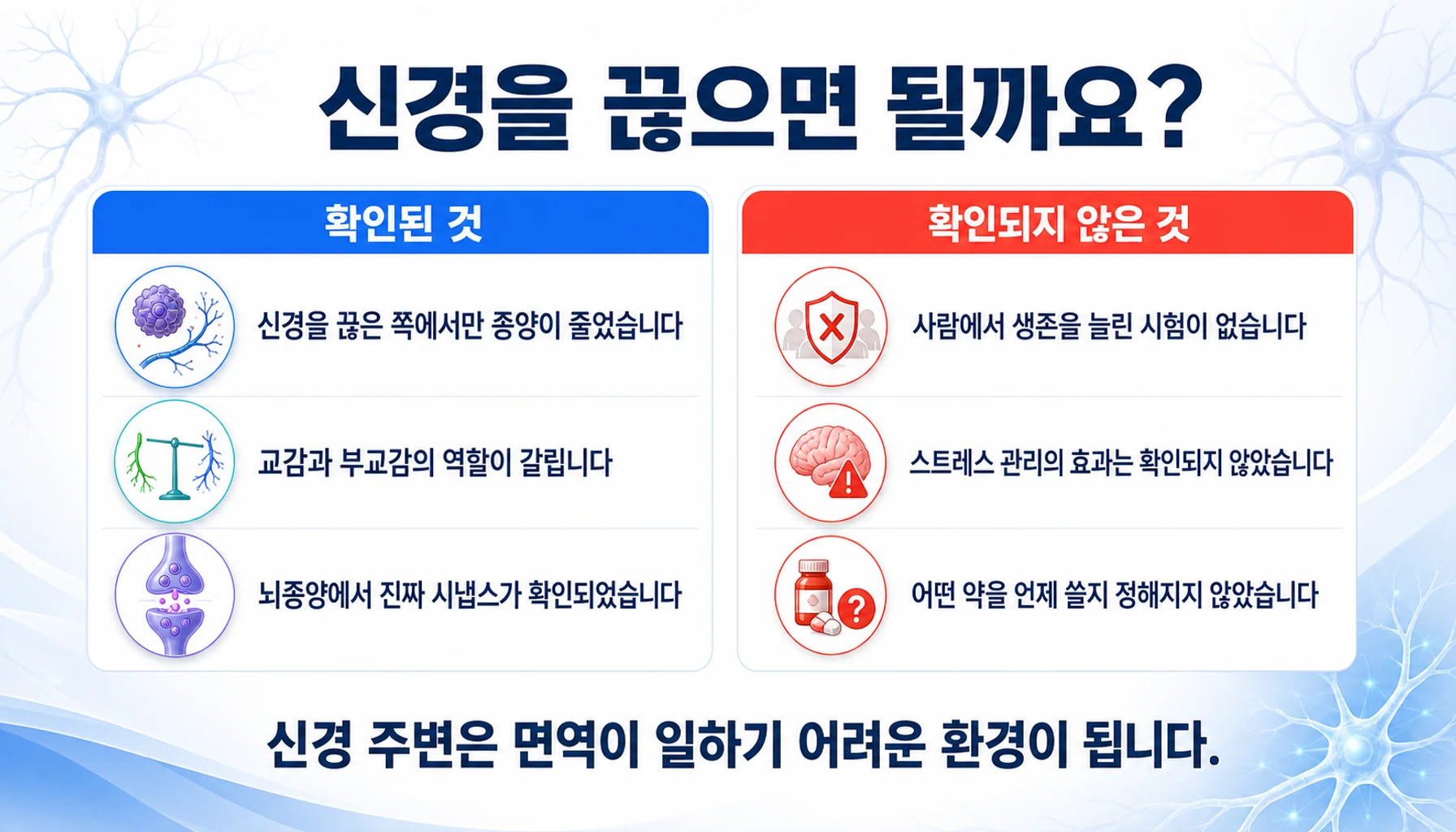 종양 신경지배에서 확인된 것과 확인되지 않은 것을 두 칸으로 정리한 그림