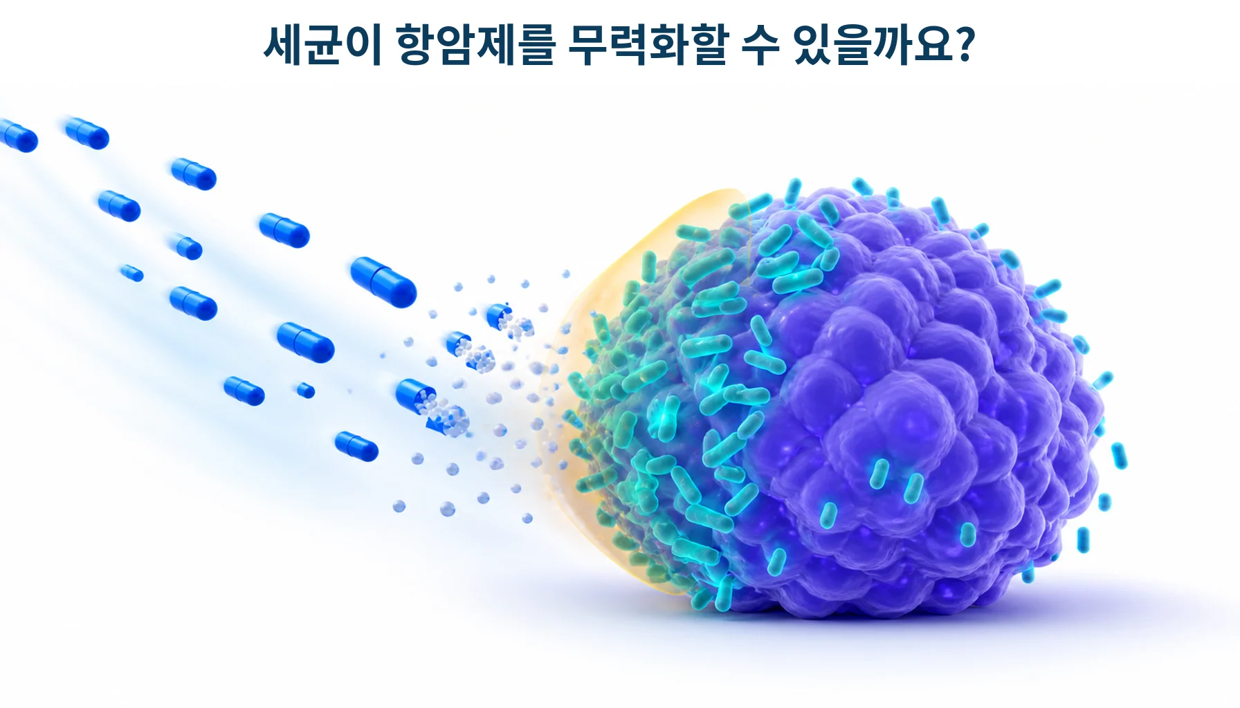 입안에 살던 세균이 대장 종양 안으로 옮겨 가 항암제를 무력화하는 상황을 형상화한 개념 그림