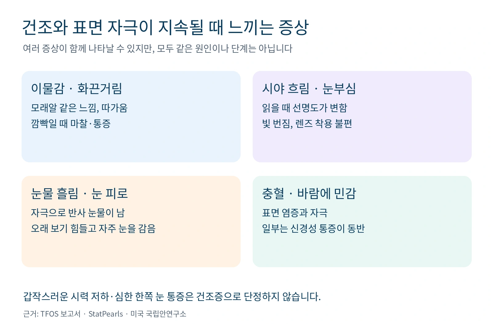 표면 자극이 지속될 때 나타날 수 있는 이물감, 시야 흐림, 눈물 흘림, 충혈을 정리한 인포그래픽