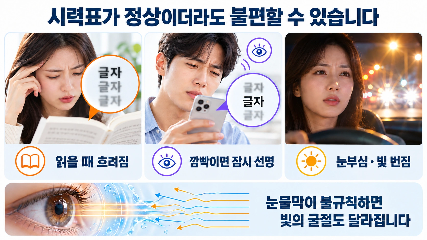 읽을 때 흐려짐, 깜빡임 뒤 일시적 선명함, 눈부심과 빛 번짐을 보여 주는 설명 이미지
