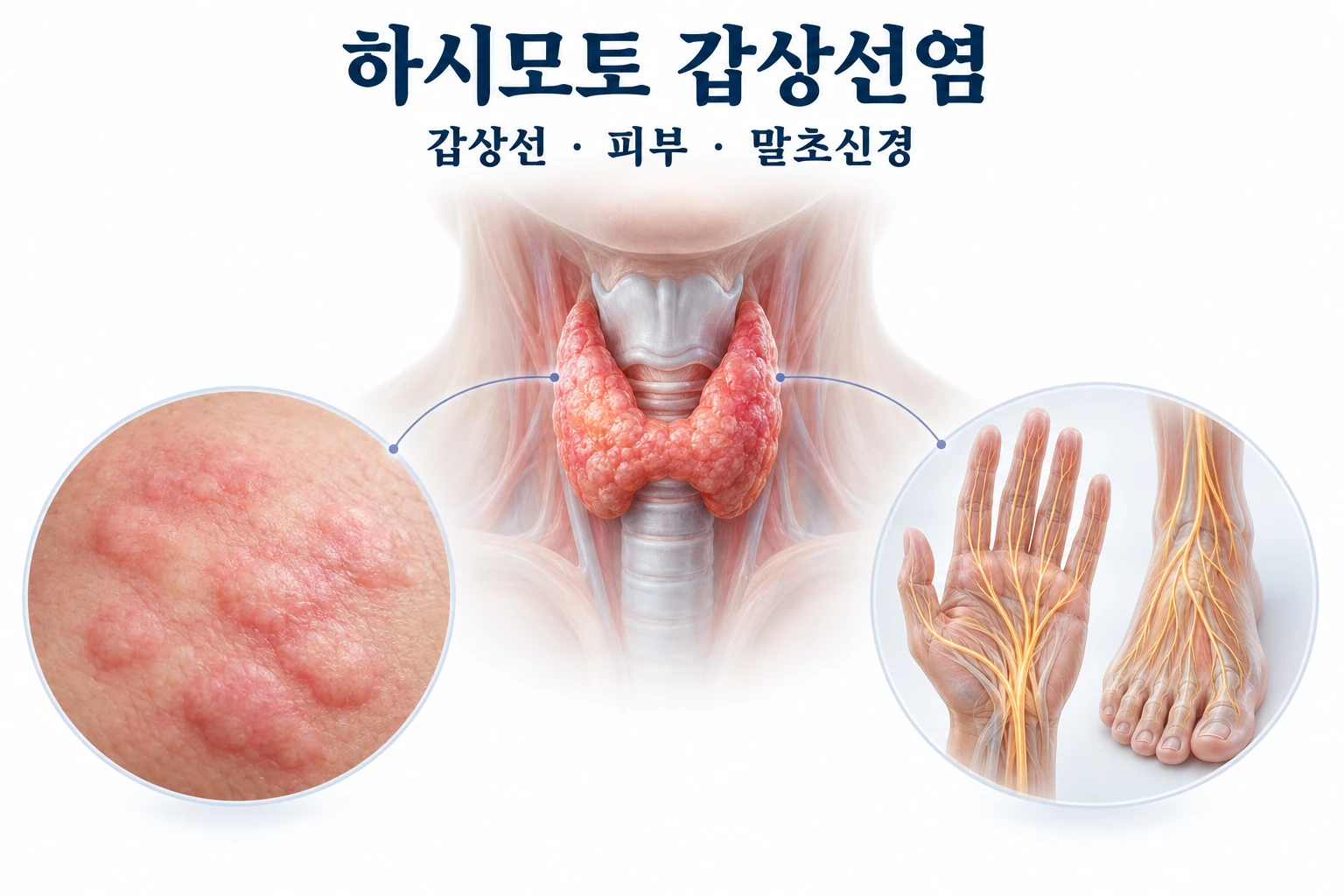 하시모토 갑상선염과 반복되는 두드러기 및 손발 말초신경 증상을 함께 표현한 의학 삽화
