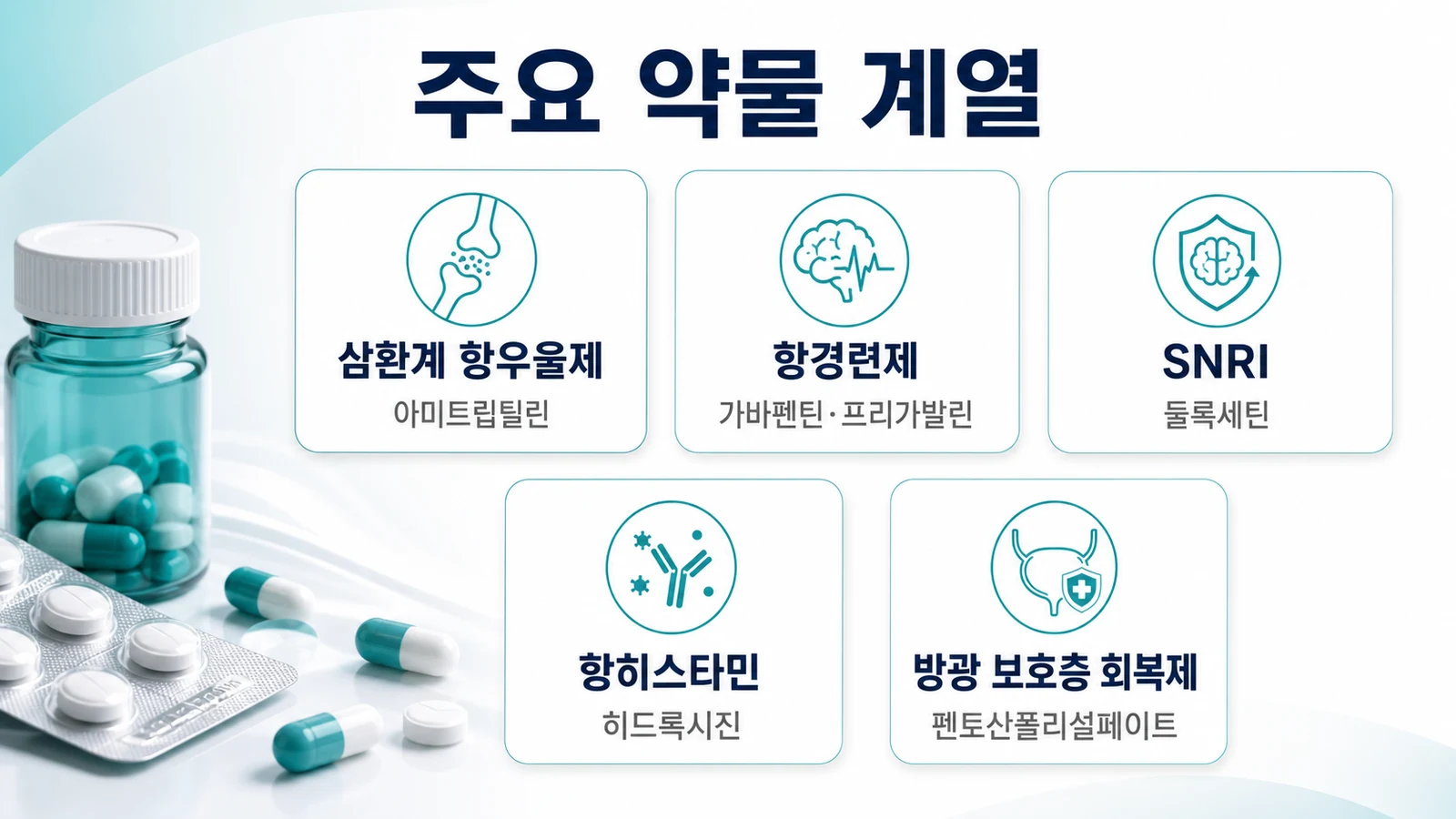간질성 방광염에 쓰이는 주요 약물 계열을 정리한 인포그래픽