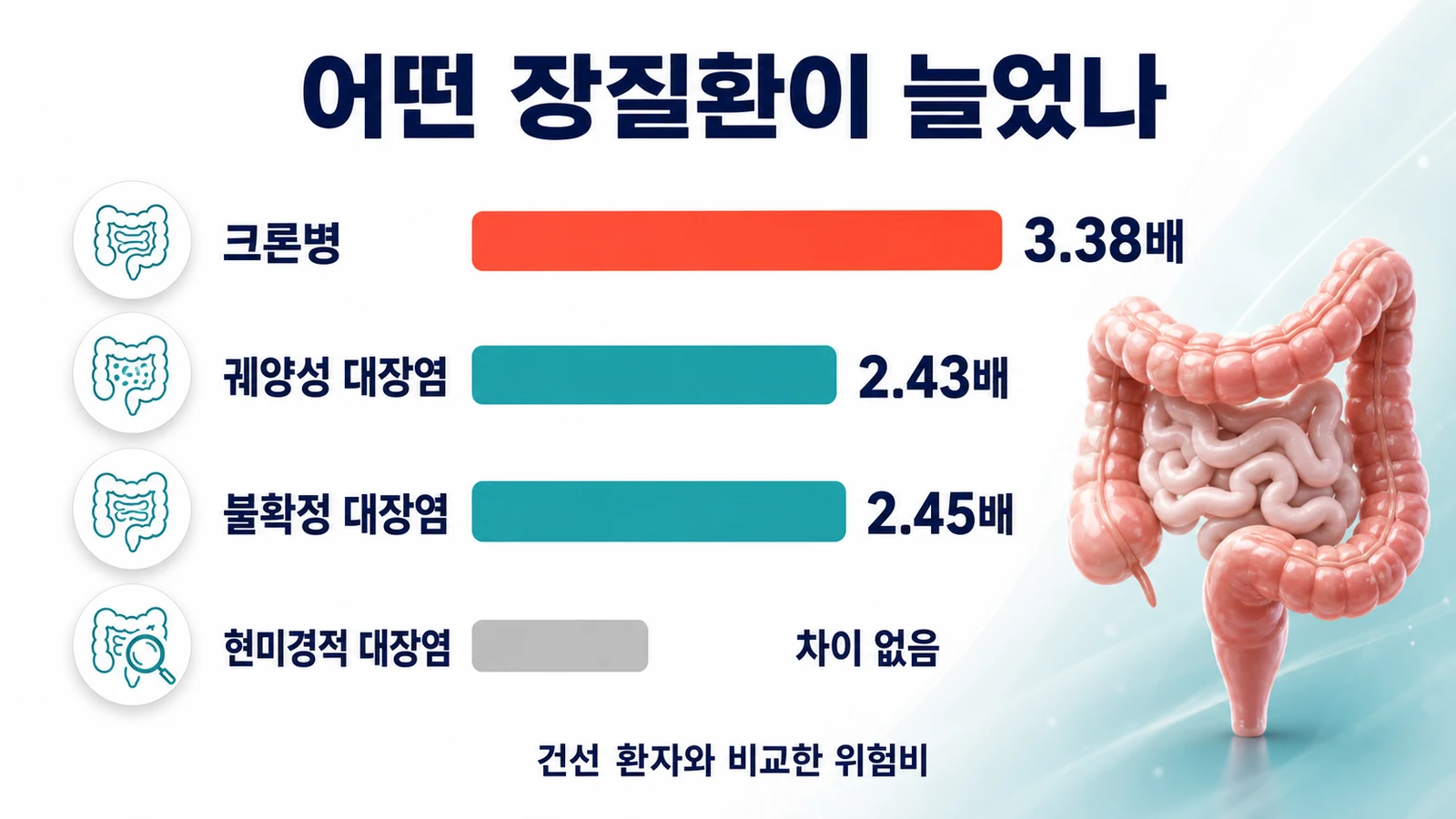 크론병 3.38배, 궤양성 대장염 2.43배, 불확정 대장염 2.45배, 현미경적 대장염은 차이 없음을 보여주는 인포그래픽