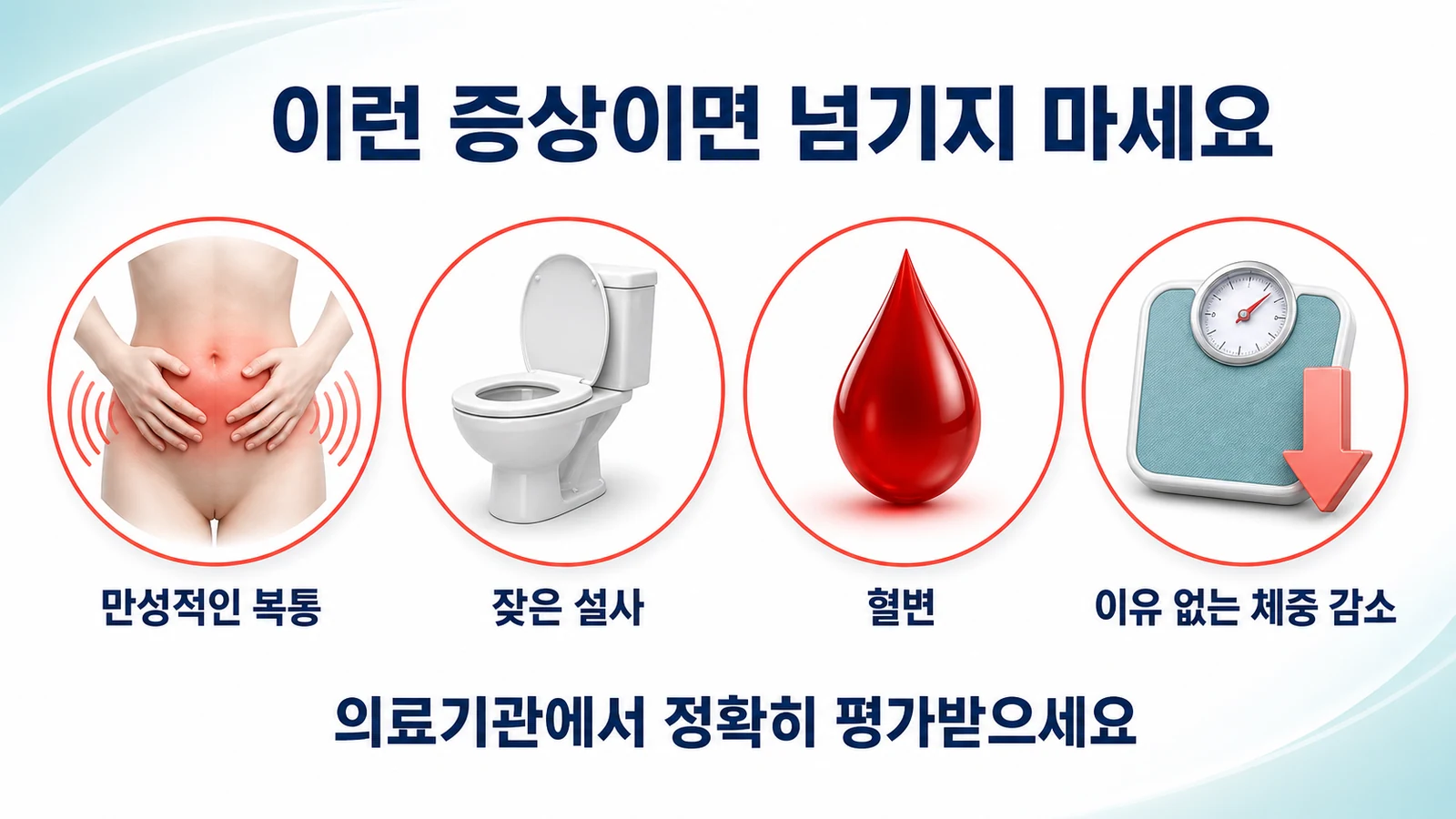 만성 복통, 잦은 설사, 혈변, 체중 감소가 있으면 의료기관 평가가 필요하다는 것을 안내하는 인포그래픽