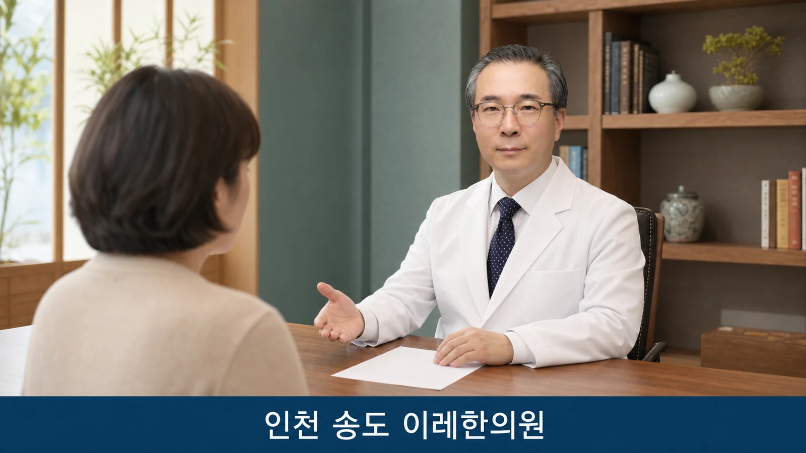 진료실에서 환자와 마주 앉아 상담하는 한의사의 모습