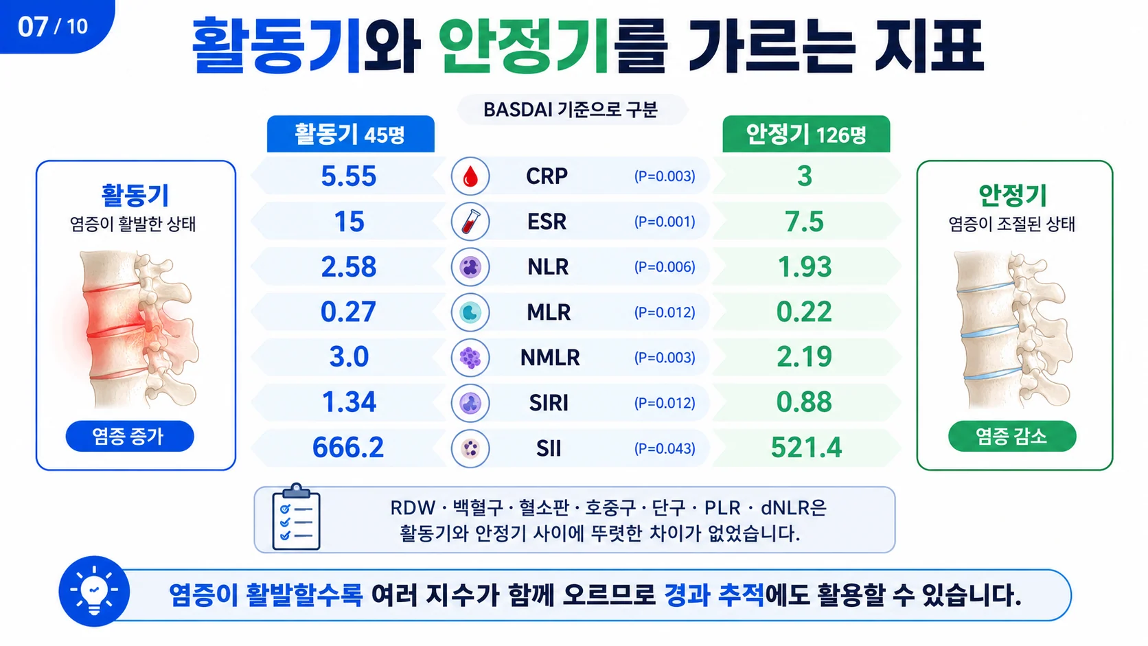활동기와 안정기를 가르는 지표 — 염증이 활발할 때 함께 오르는 수치들