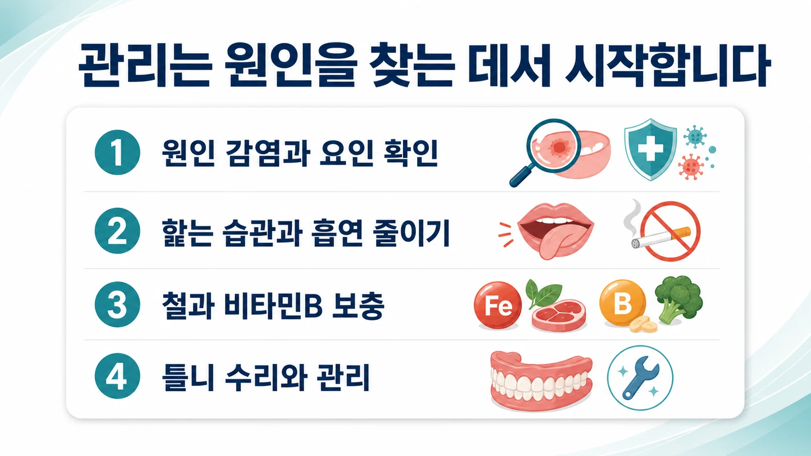 원인 확인, 습관 줄이기, 영양 보충, 틀니 관리로 이어지는 관리 순서