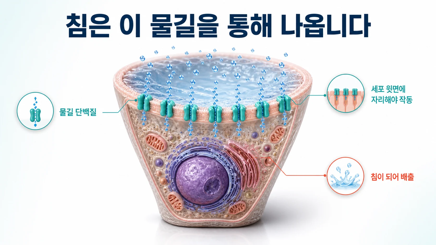 침샘 세포의 윗면 막에 자리한 물길 단백질을 통해 물이 빠져나가는 과정을 설명한 도식