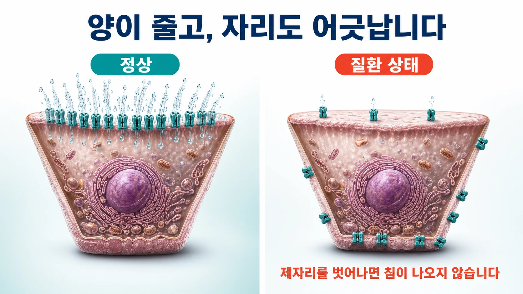 정상 침샘 세포와 질환 상태에서 물길 단백질의 수와 위치가 어떻게 달라지는지 비교한 도식