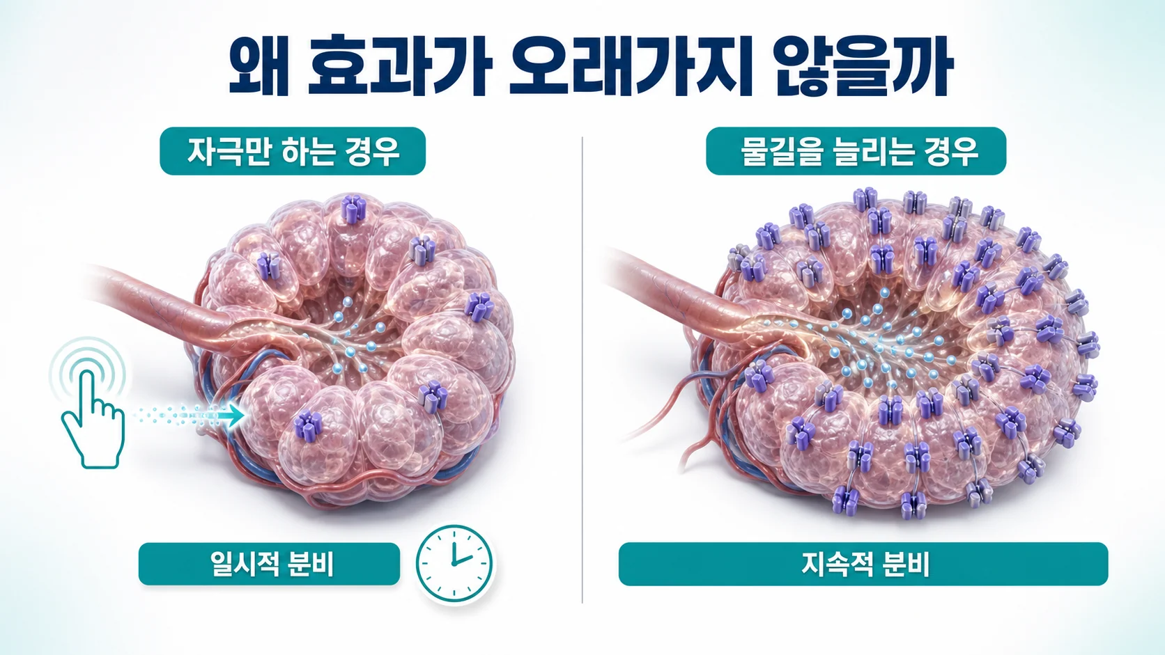수용체 자극만 하는 경우와 물길 단백질을 늘리는 경우의 지속 시간 차이를 비교한 이미지