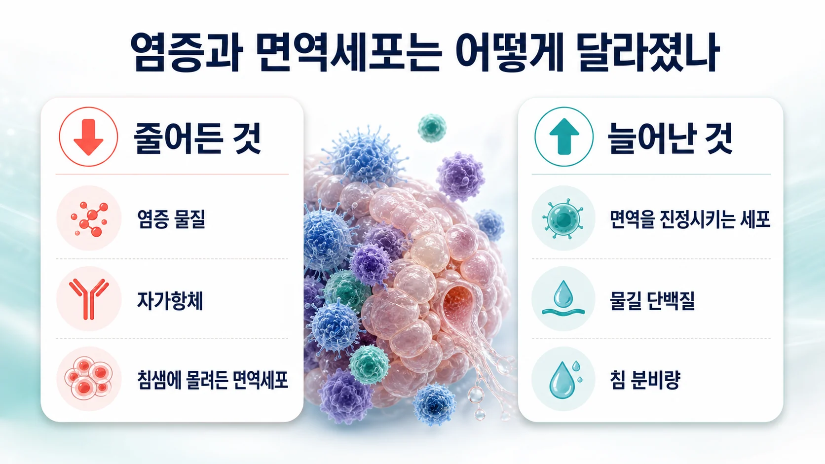 염증 물질과 자가항체, 면역세포의 변화를 정리한 이미지