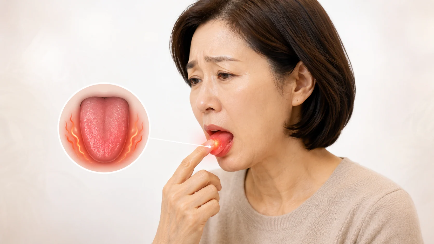 혀의 작열감을 호소하는 중년 여성 — 구강작열감증후군의 전형적인 모습