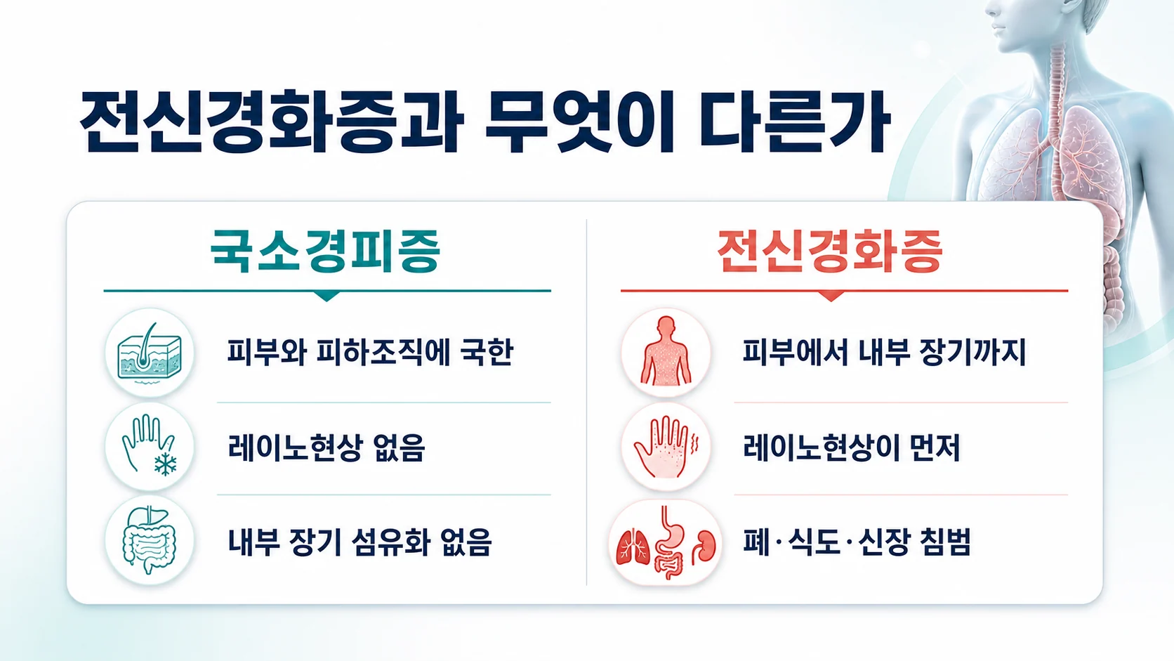국소경피증과 전신경화증의 차이를 비교한 도식