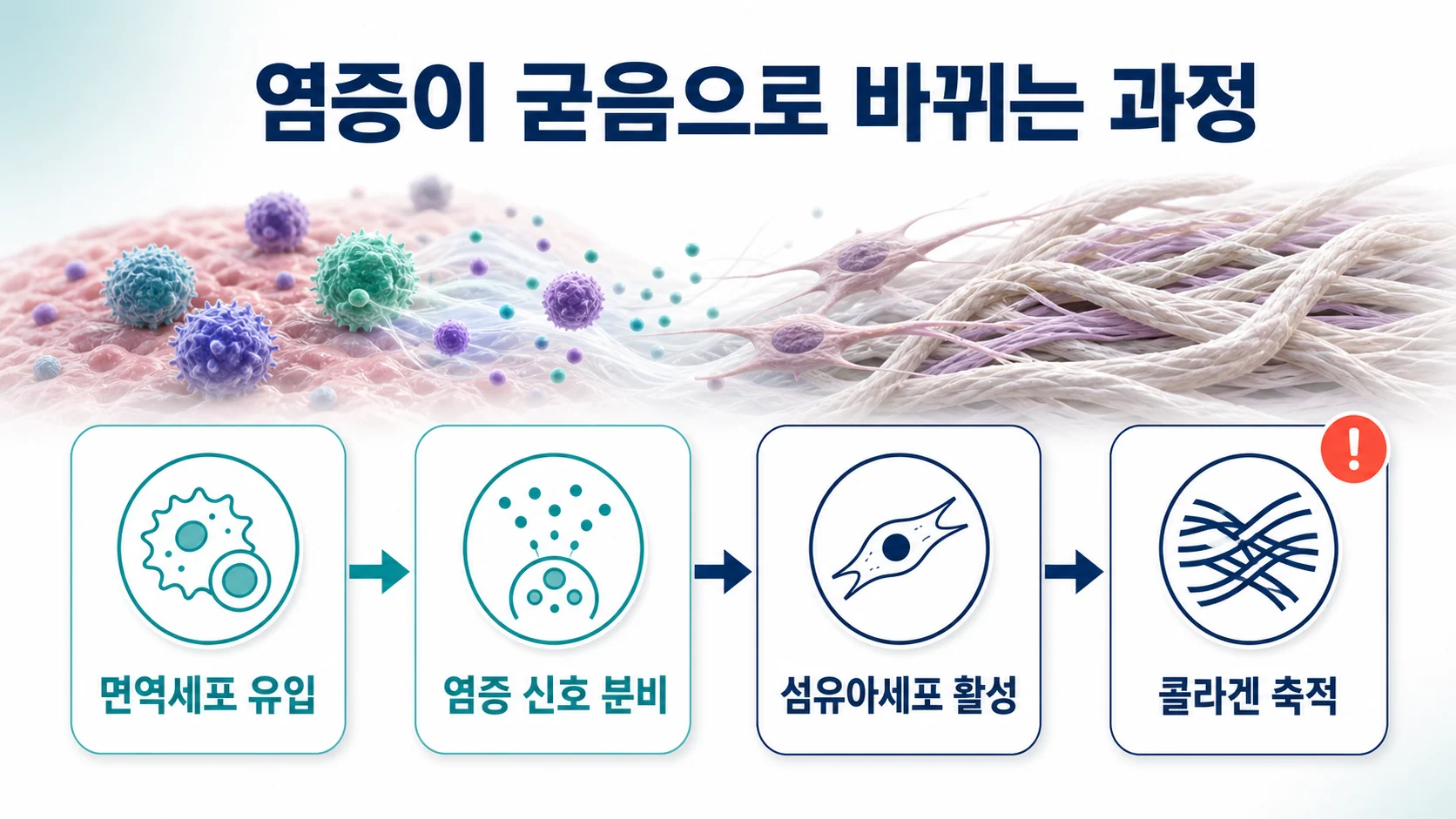 염증이 굳음으로 바뀌는 네 단계를 정리한 도식