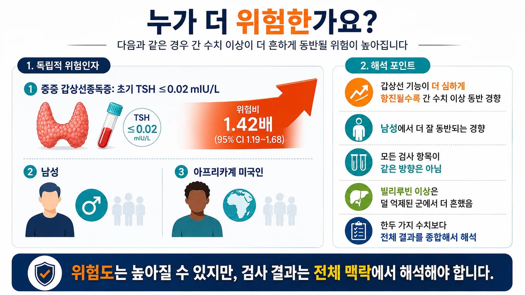 간기능 이상 위험인자 — 중증 갑상선중독증(TSH≤0.02, 위험비 1.42), 남성, 인종