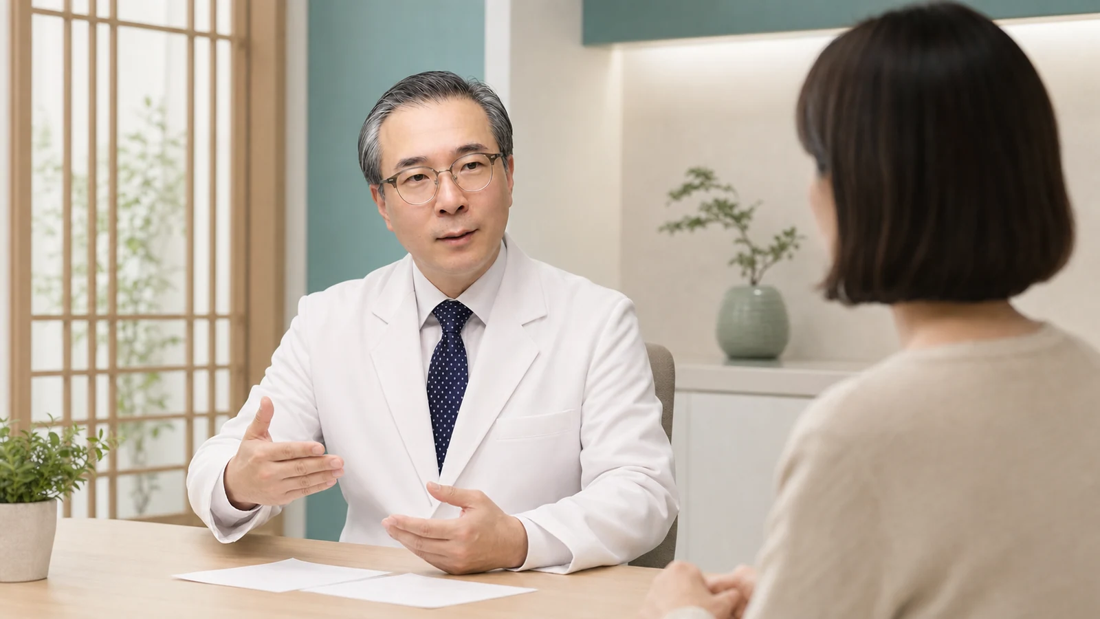 인천 송도 이레한의원 진료실에서 원장이 안구건조 환자와 생활 관리와 한의학 치료를 상담하는 이미지