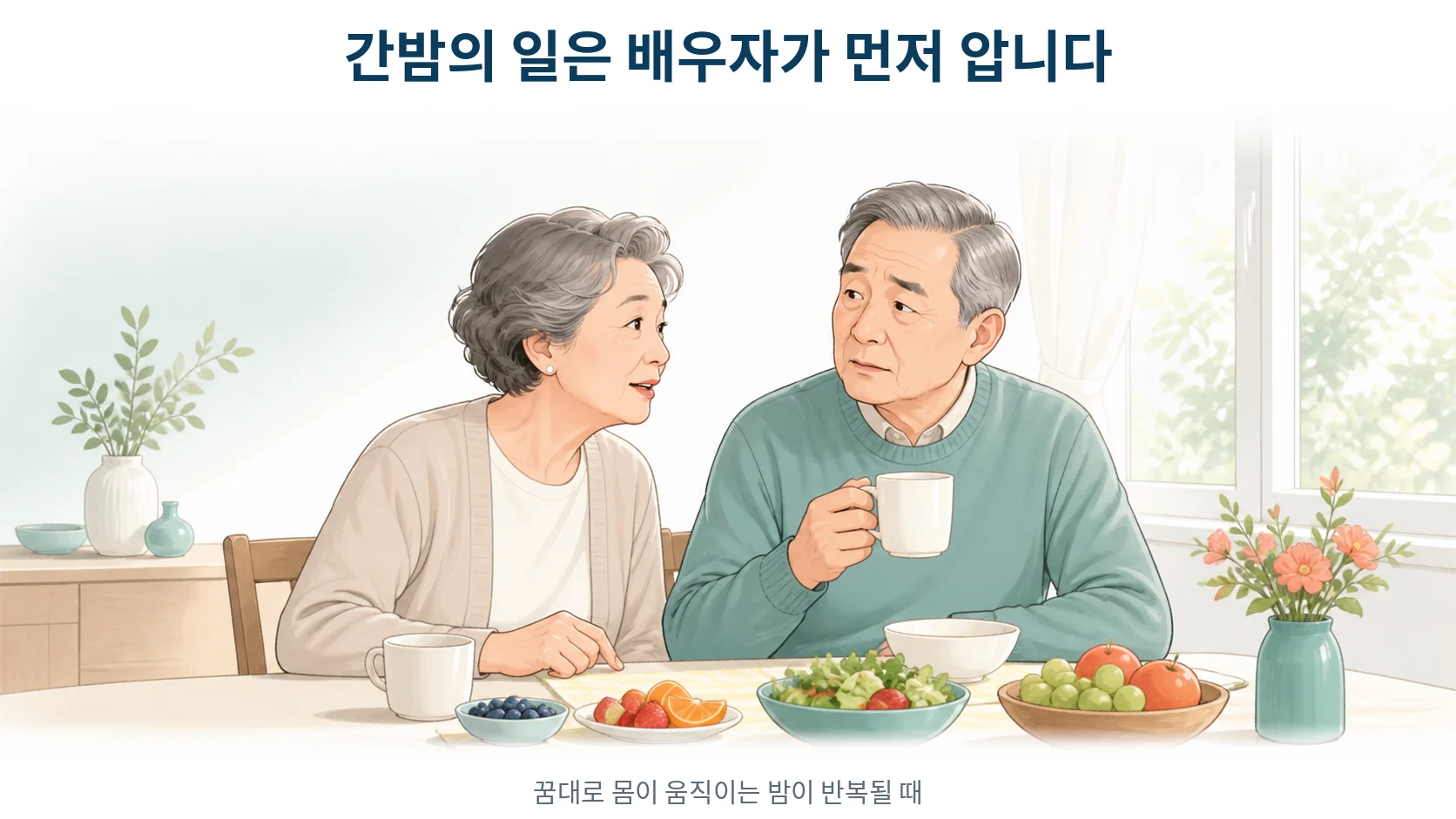 간밤에 있었던 일을 배우자가 먼저 알아차리고 아침 식탁에서 조심스럽게 이야기를 꺼내는 노년 부부의 모습