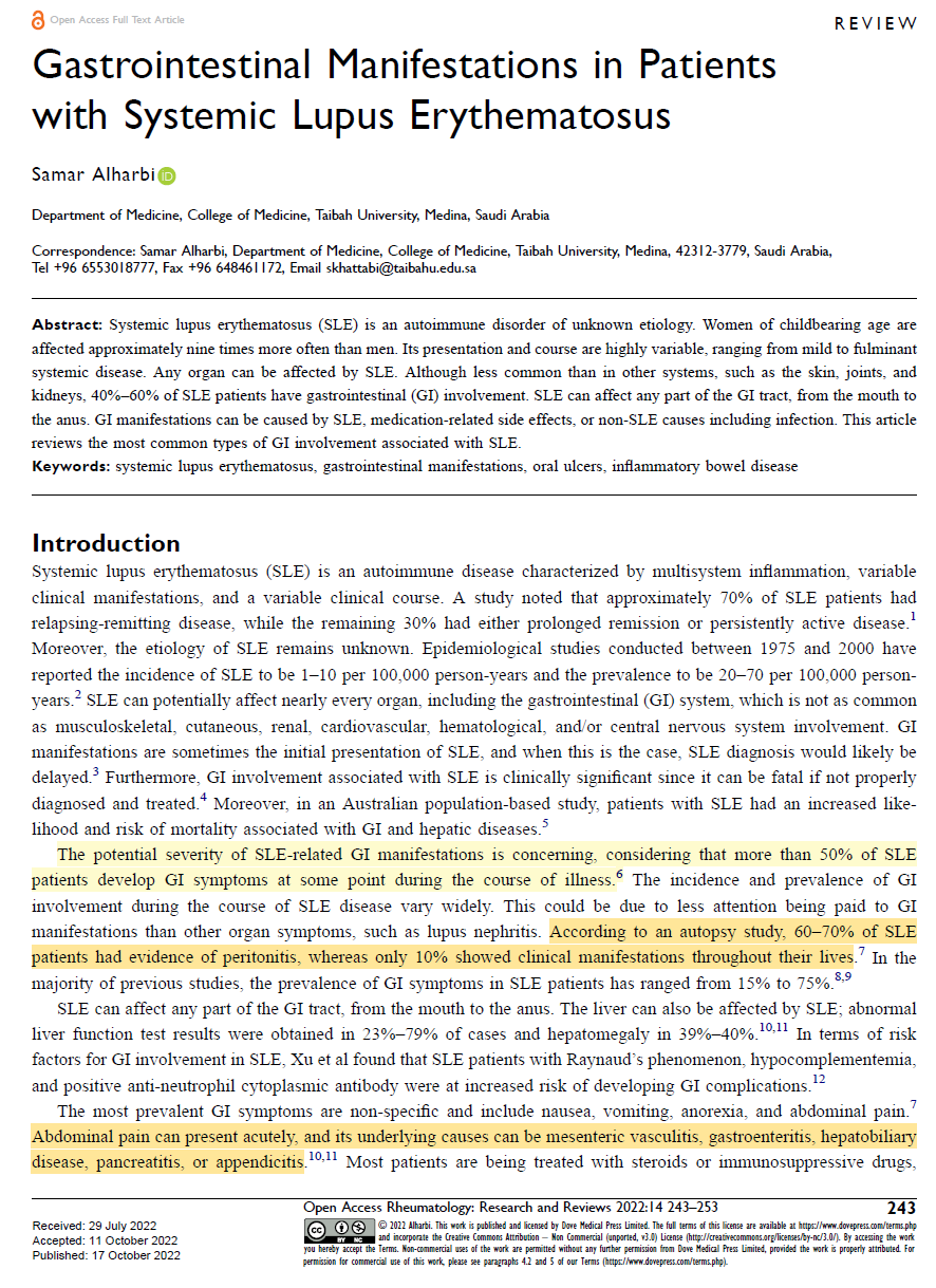 전신홍반루푸스의 소화기 침범을 다룬 종설 논문(Open Access Rheumatology, 2022)