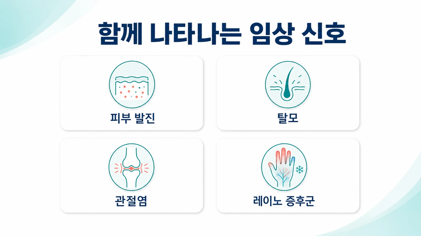 피부 발진, 탈모, 관절염, 레이노 증후군 등 함께 나타나는 임상 신호