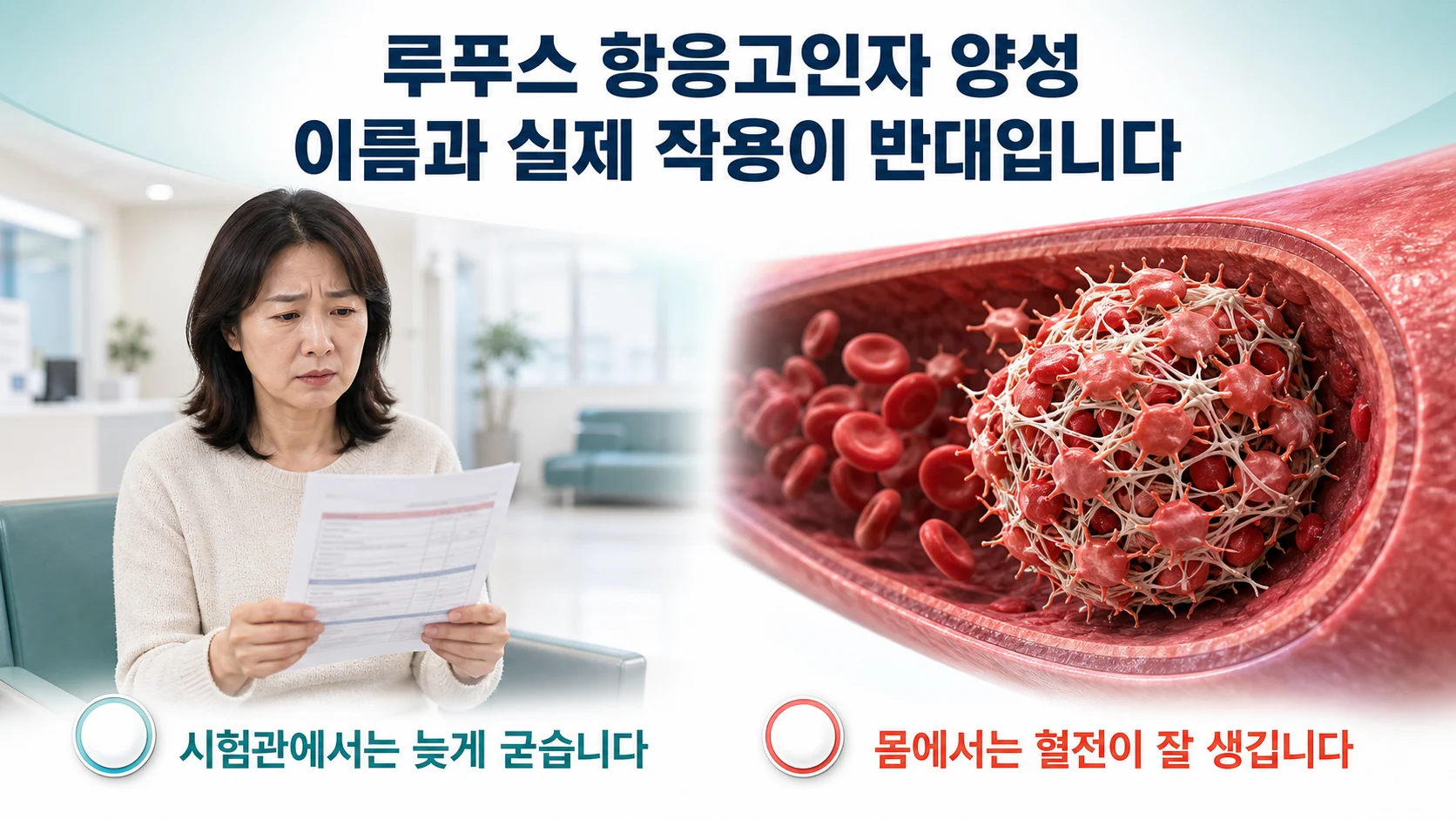 혈액 검사 결과지를 들여다보며 루푸스 항응고인자 양성이라는 문구 앞에서 걱정하는 사람과 그 옆으로 혈관 속 혈전이 형성되는 모습을 나란히 보여주는 대표 그림