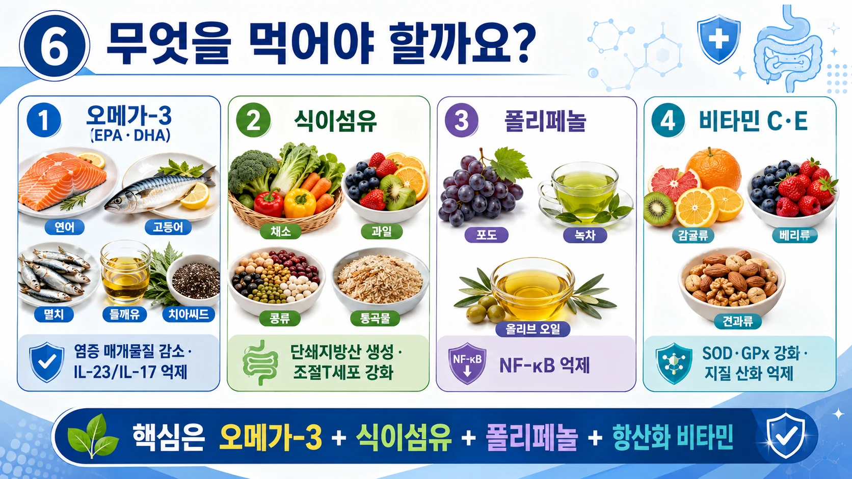 무엇을 먹어야 할까요 — 오메가-3·식이섬유·폴리페놀·비타민 C·E