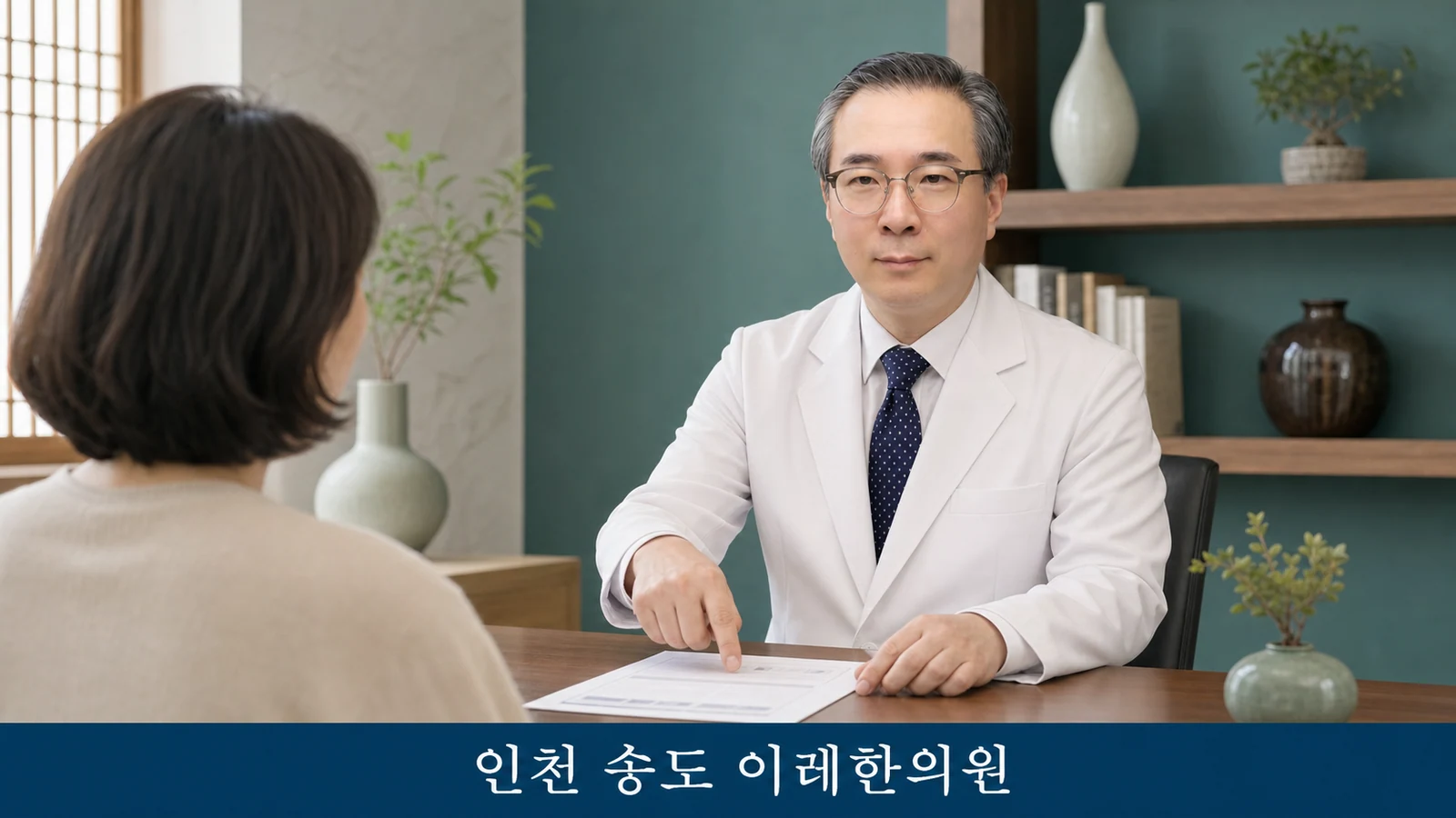진료실에서 검사 결과지를 놓고 환자와 상담하는 한의사의 모습