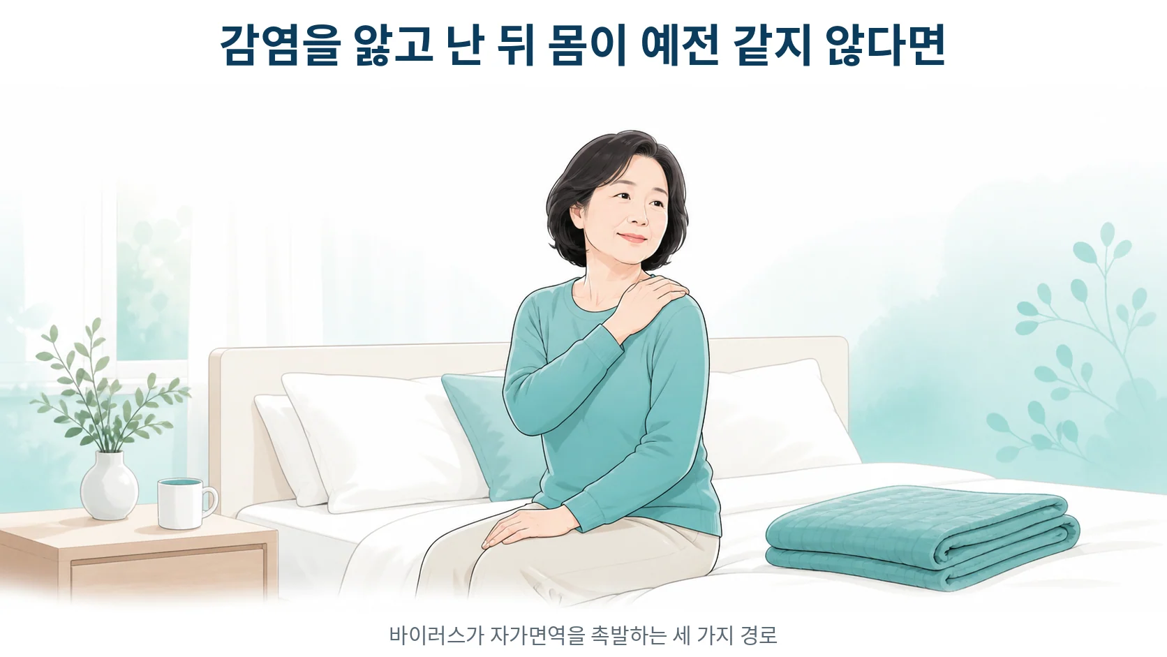 바이러스 감염이 자가면역질환의 시작에 관여하는 경로를 설명하는 안내 이미지
