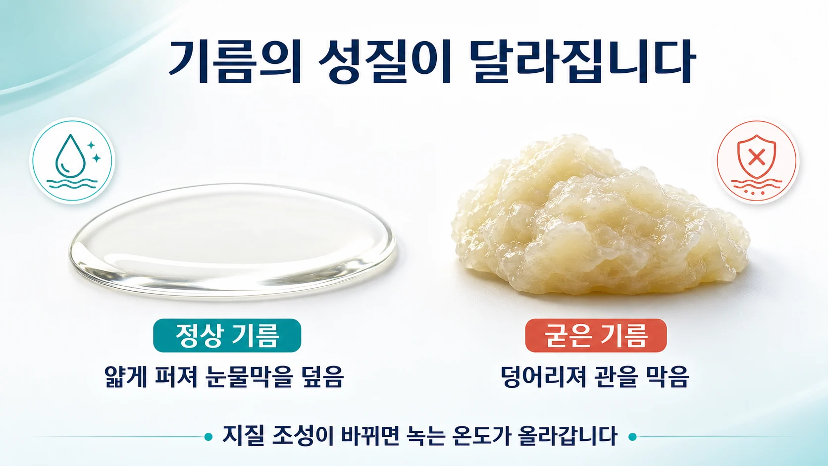 정상 기름과 굳은 기름의 성질 차이를 비교한 이미지