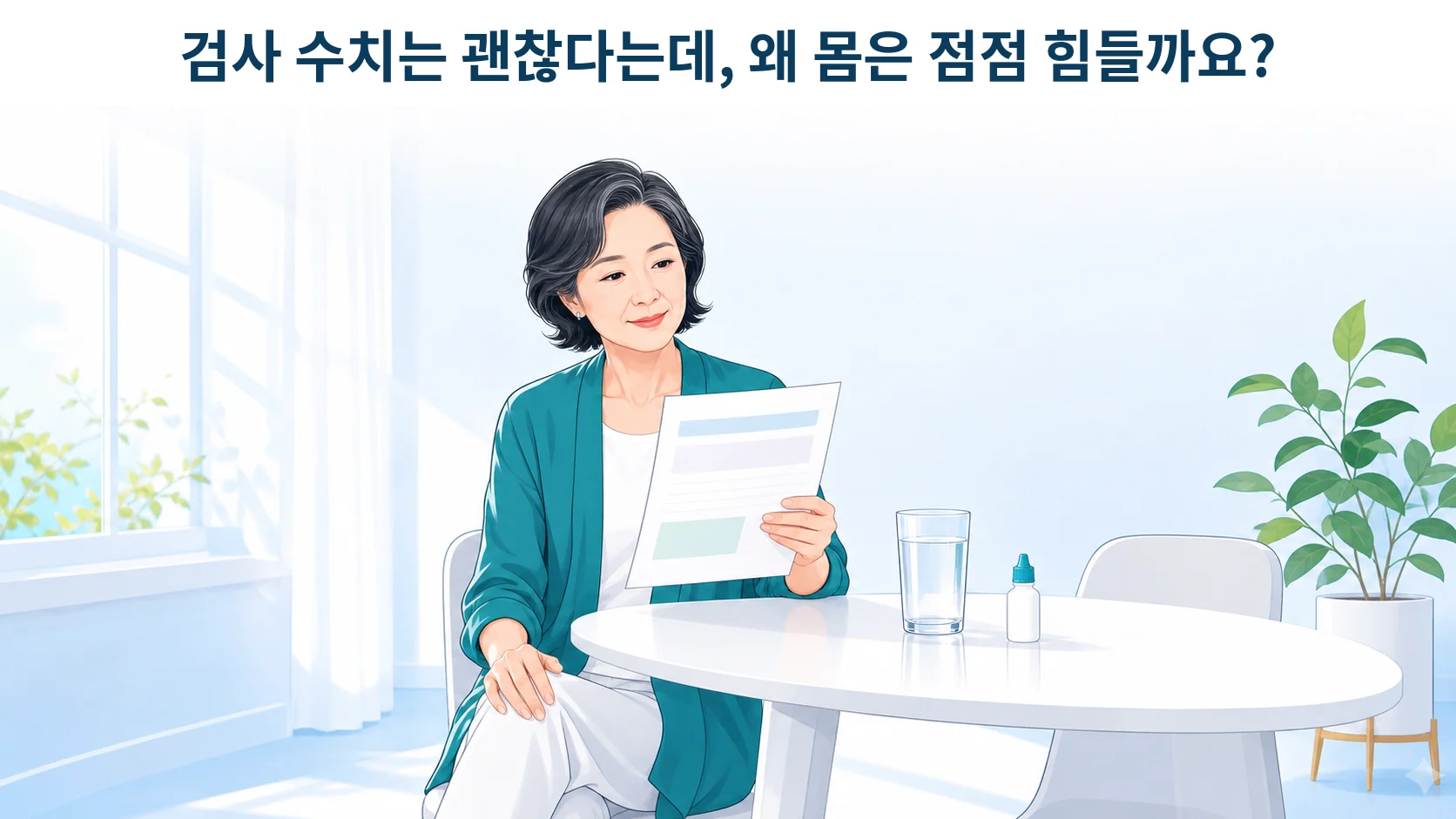 쇼그렌증후군 진단 뒤 검사 결과지를 앞에 두고 의사의 설명과 자신의 증상 사이에서 고민하는 중년 여성