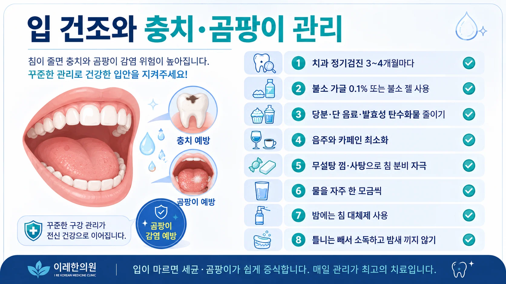 입 건조와 충치·곰팡이 관리 — 치과검진·불소·식이·틀니 관리