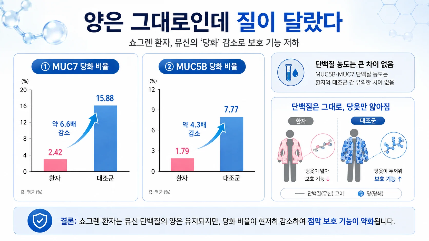 양은 그대로인데 질이 달랐다 — 뮤신 단백질은 정상, 당화는 감소